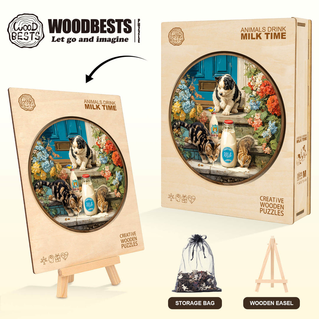 Animals drink milk time Wooden Jigsaw Puzzle