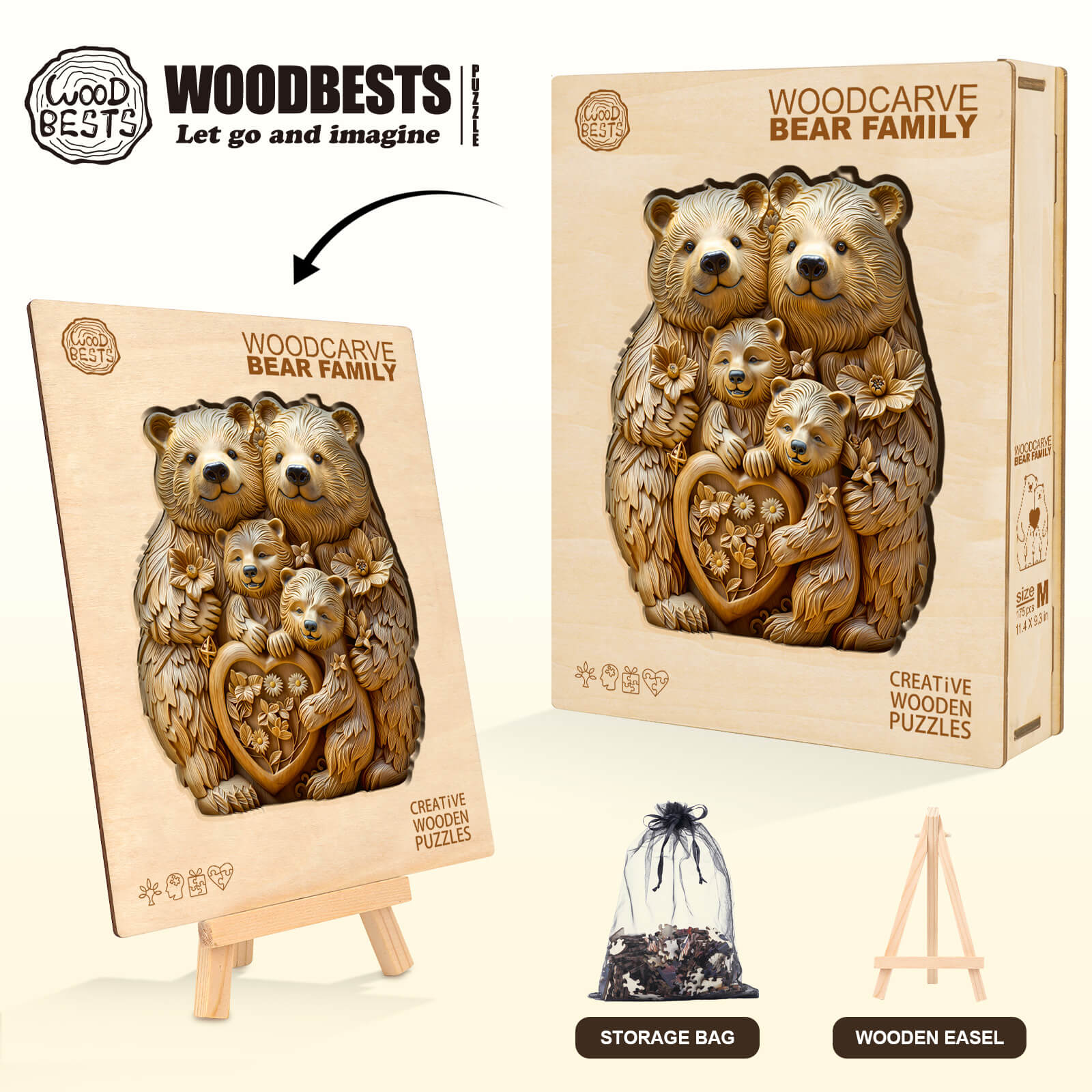 Woodcarve bear family wooden jigsaw puzzle kit with storage bag and easel for creative mind games.