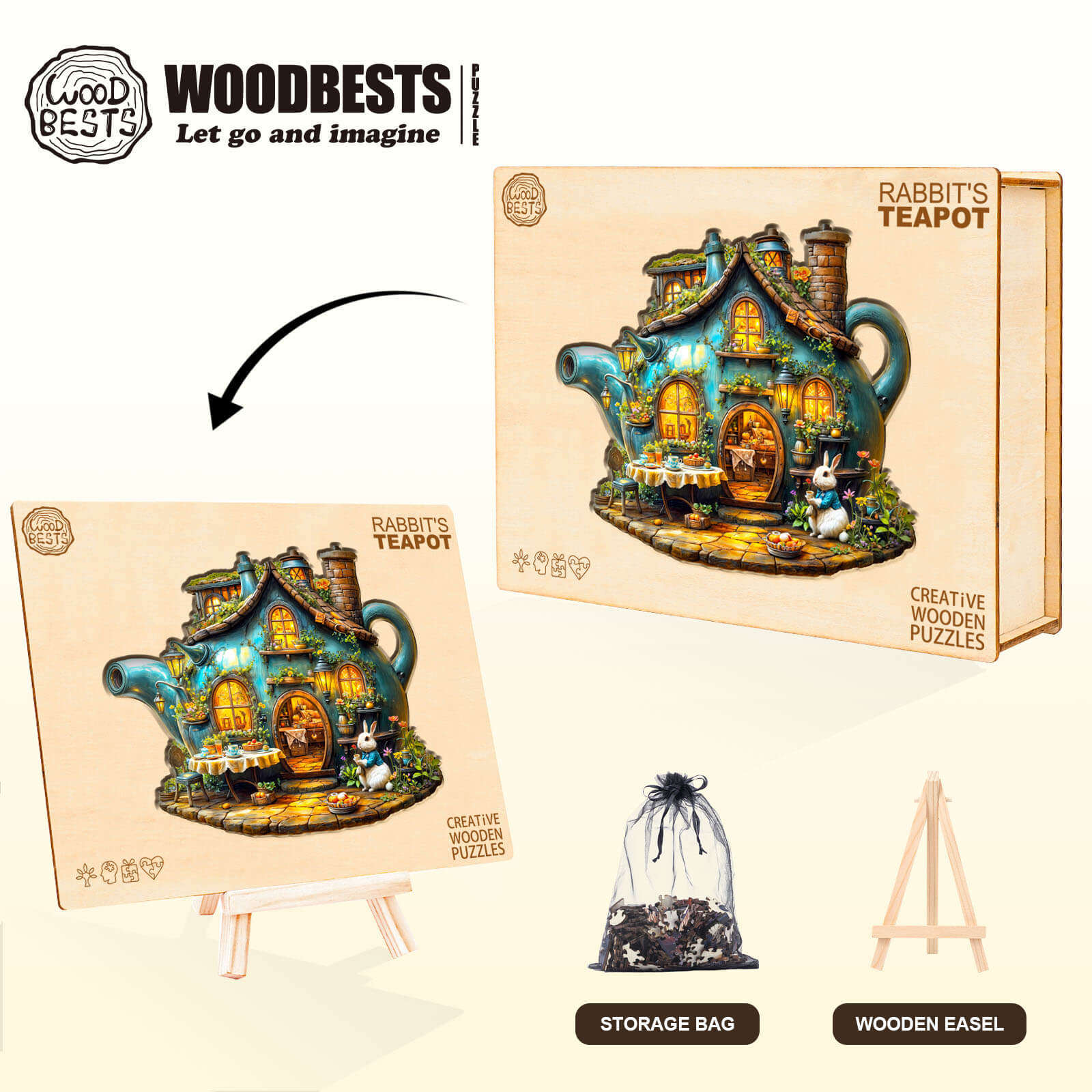 Rabbit's Teapot Wooden Jigsaw Puzzle box with storage bag and easel, perfect for mind games and enhancing focus.