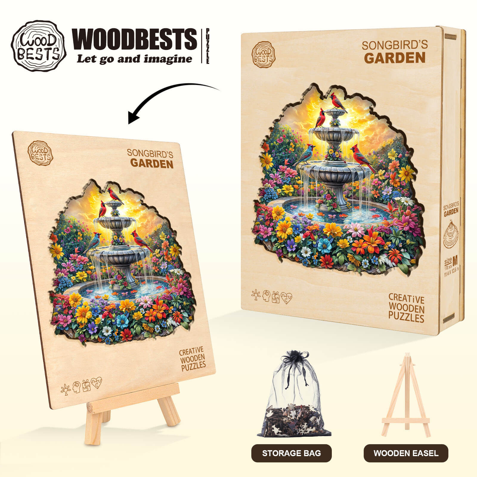 Songbird's Garden Wooden Jigsaw Puzzle displayed in packaging with vibrant colors and floral design, ideal for puzzle enthusiasts.