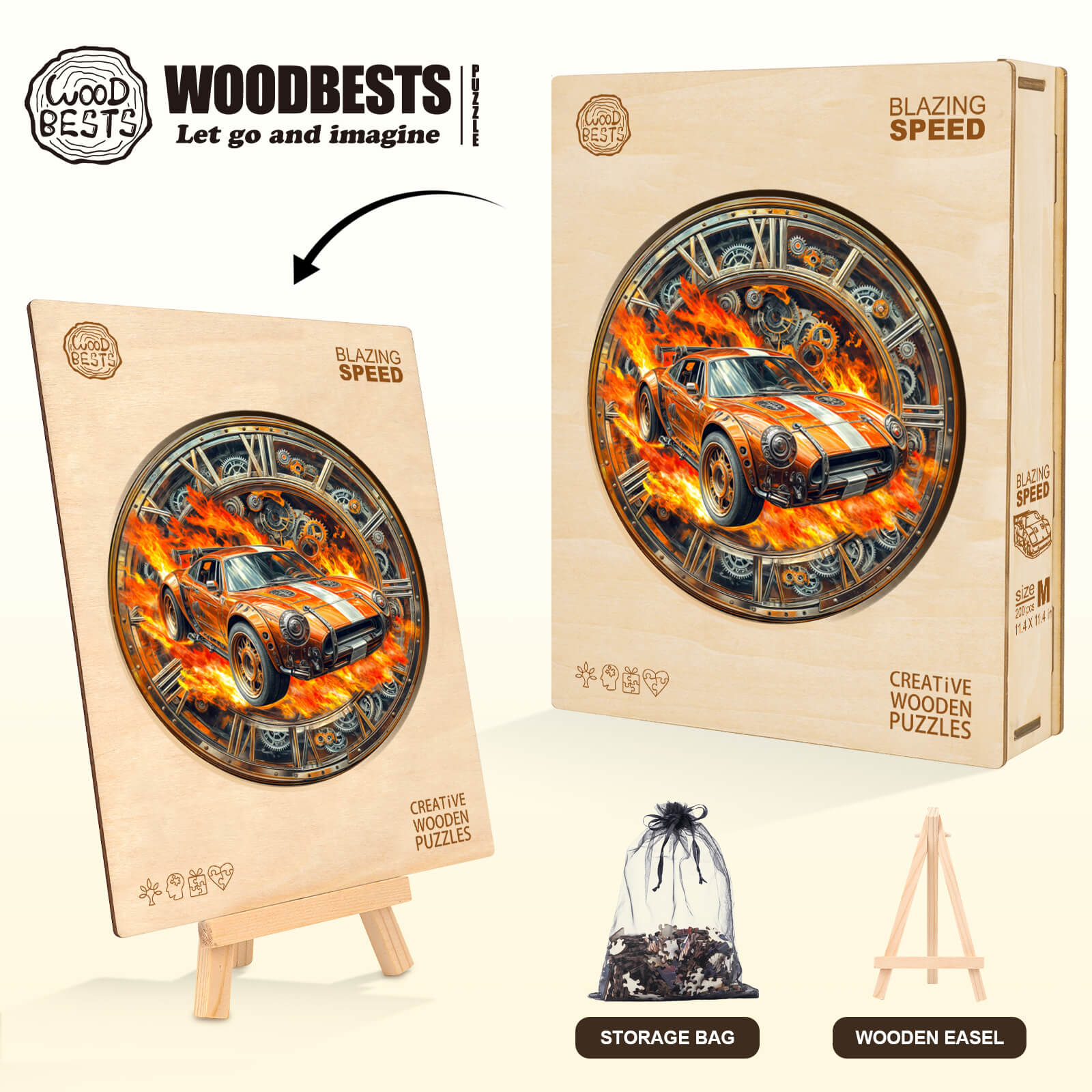 Blazing Speed wooden jigsaw puzzle featuring a fiery car design, ideal for mind games and enhancing focus.