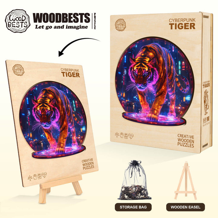 Rompecabezas de madera de tigre ciberpunk