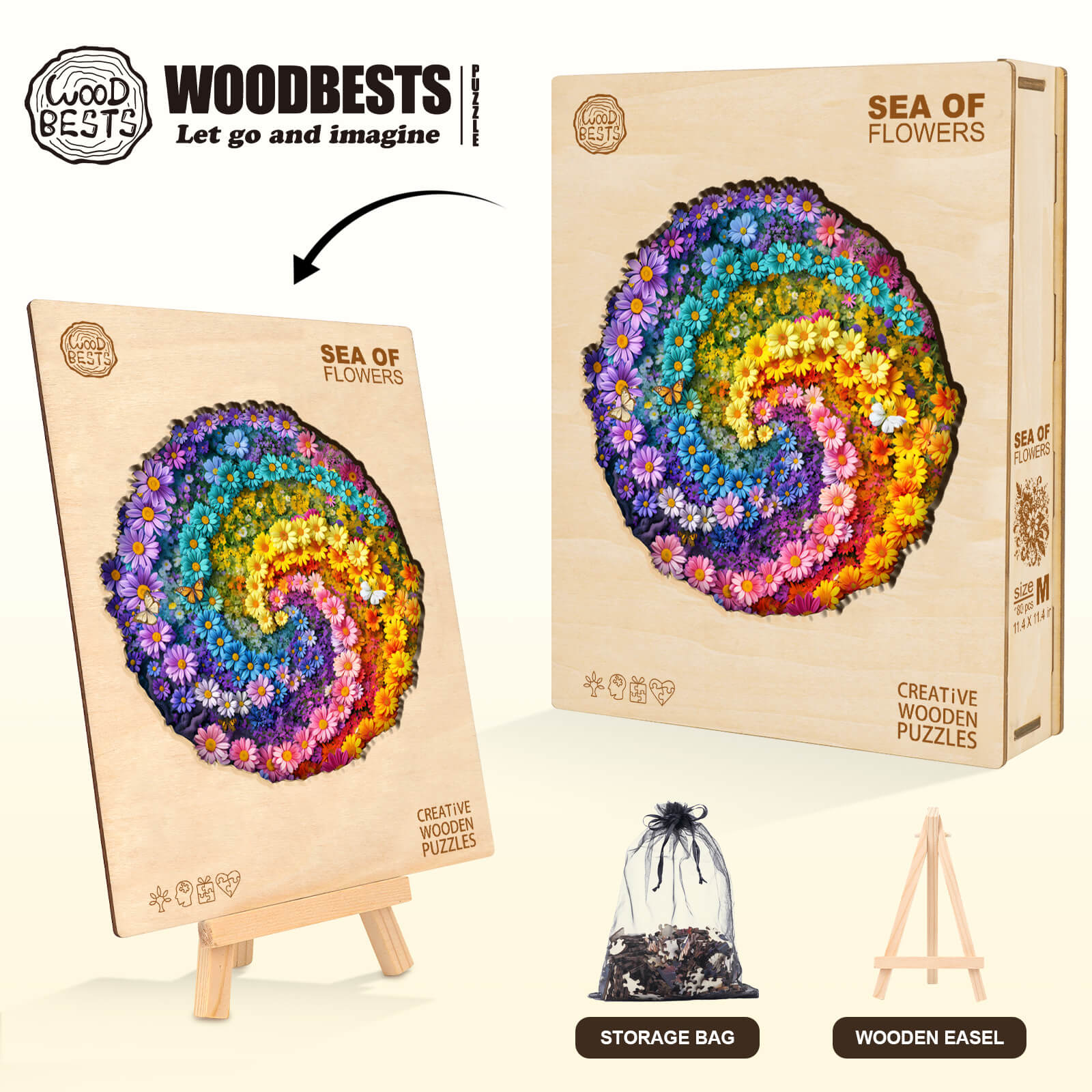 Sea of Flowers wooden jigsaw puzzle displayed with storage bag and easel, promoting focus and creativity.