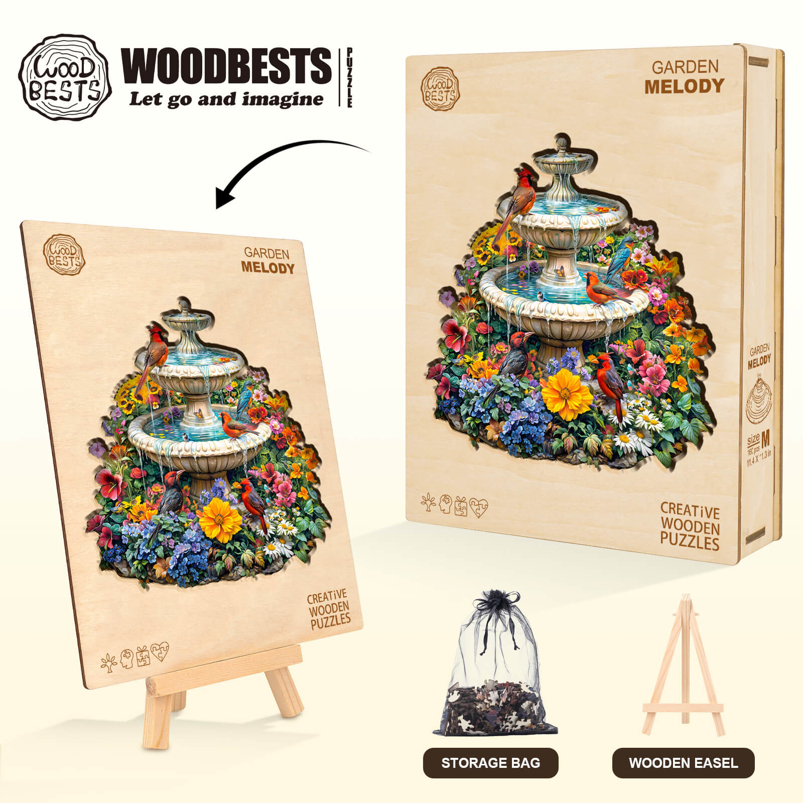 Garden Melody Wooden Jigsaw Puzzle box featuring a colorful fountain design, with easel and storage bag.