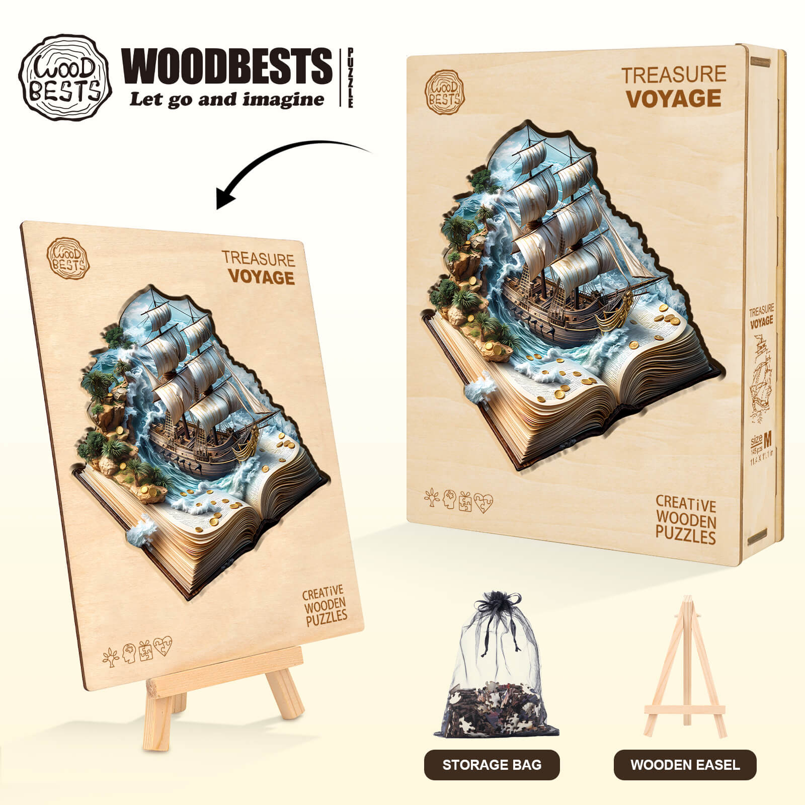 Treasure Voyage wooden jigsaw puzzle from WoodBests, featuring a ship design and storage bag, perfect for creative mind games.