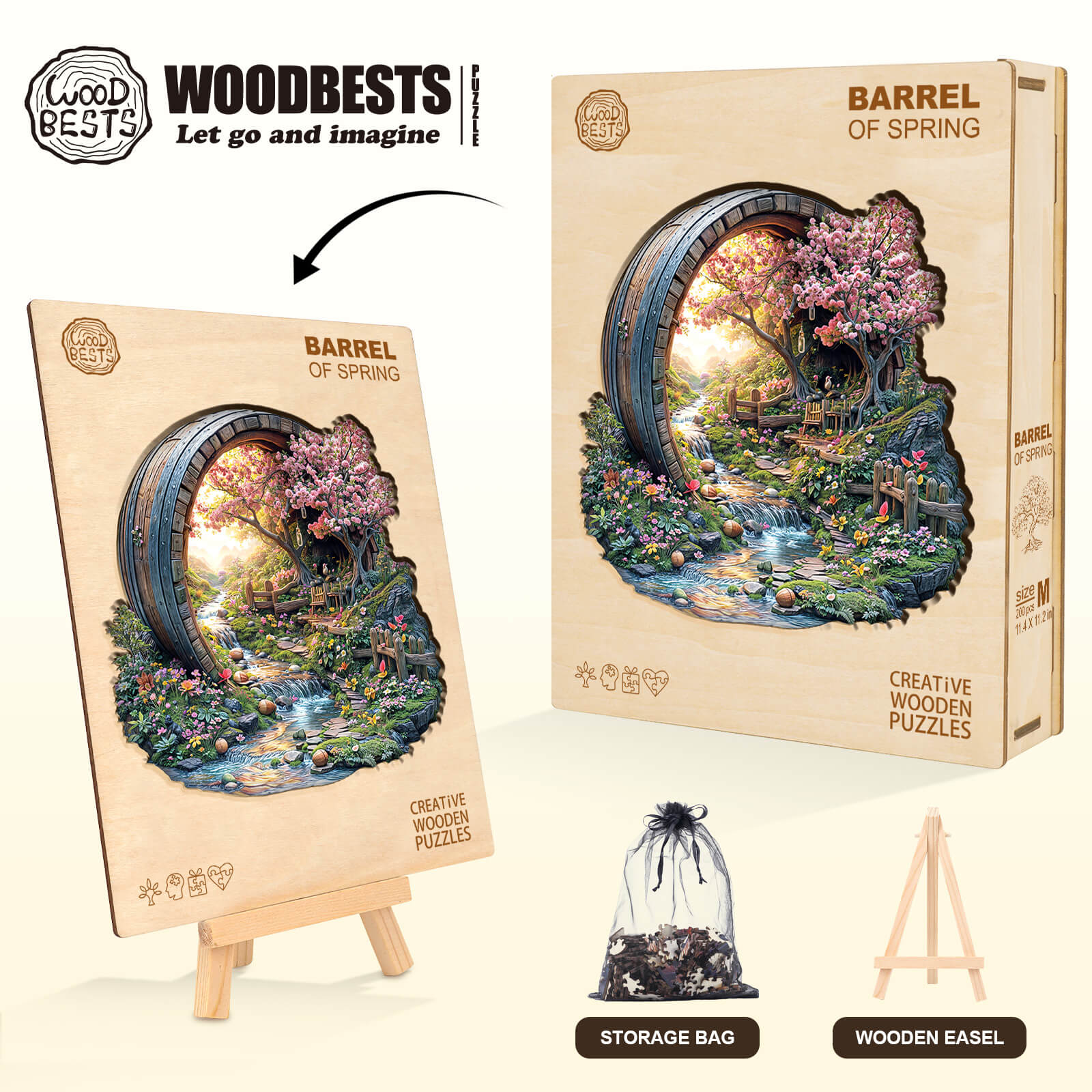 Wooden jigsaw puzzle box titled 'Barrel of Spring' featuring a nature scene and included storage bag.