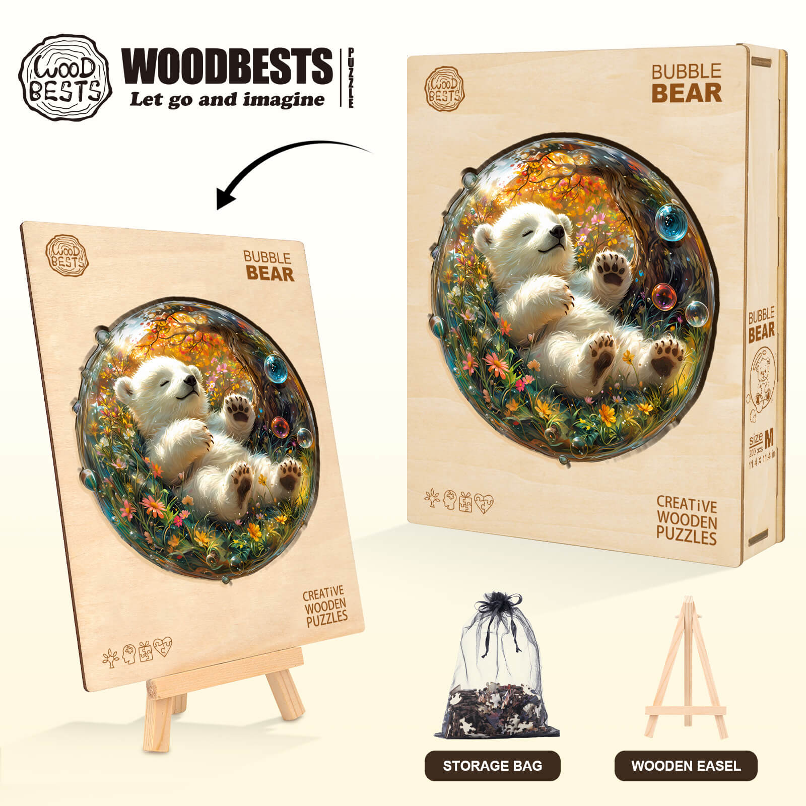 Bubble Bear Wooden Jigsaw Puzzle displayed with storage bag and easel; perfect for developing focus and problem-solving skills.
