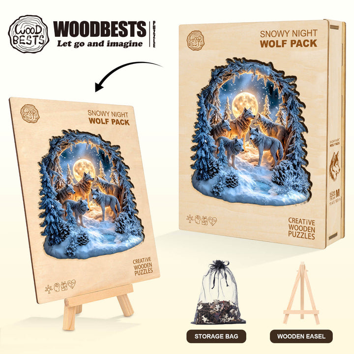 Puzzle en bois du meute de loups par une nuit enneigée