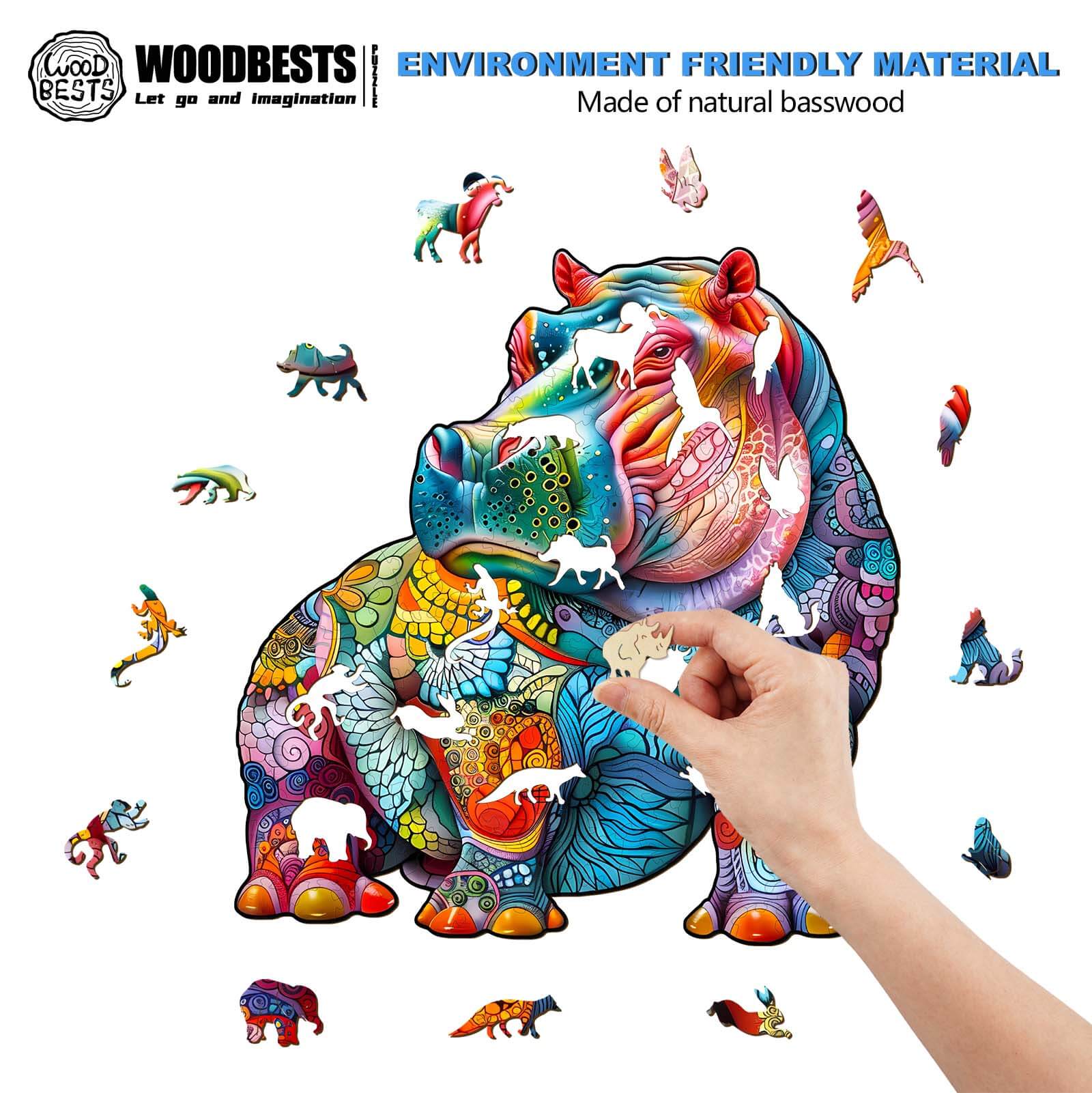 Colorful Hippopotamus wooden jigsaw puzzle made from natural basswood, promoting focus and cognitive skills in puzzle solving.