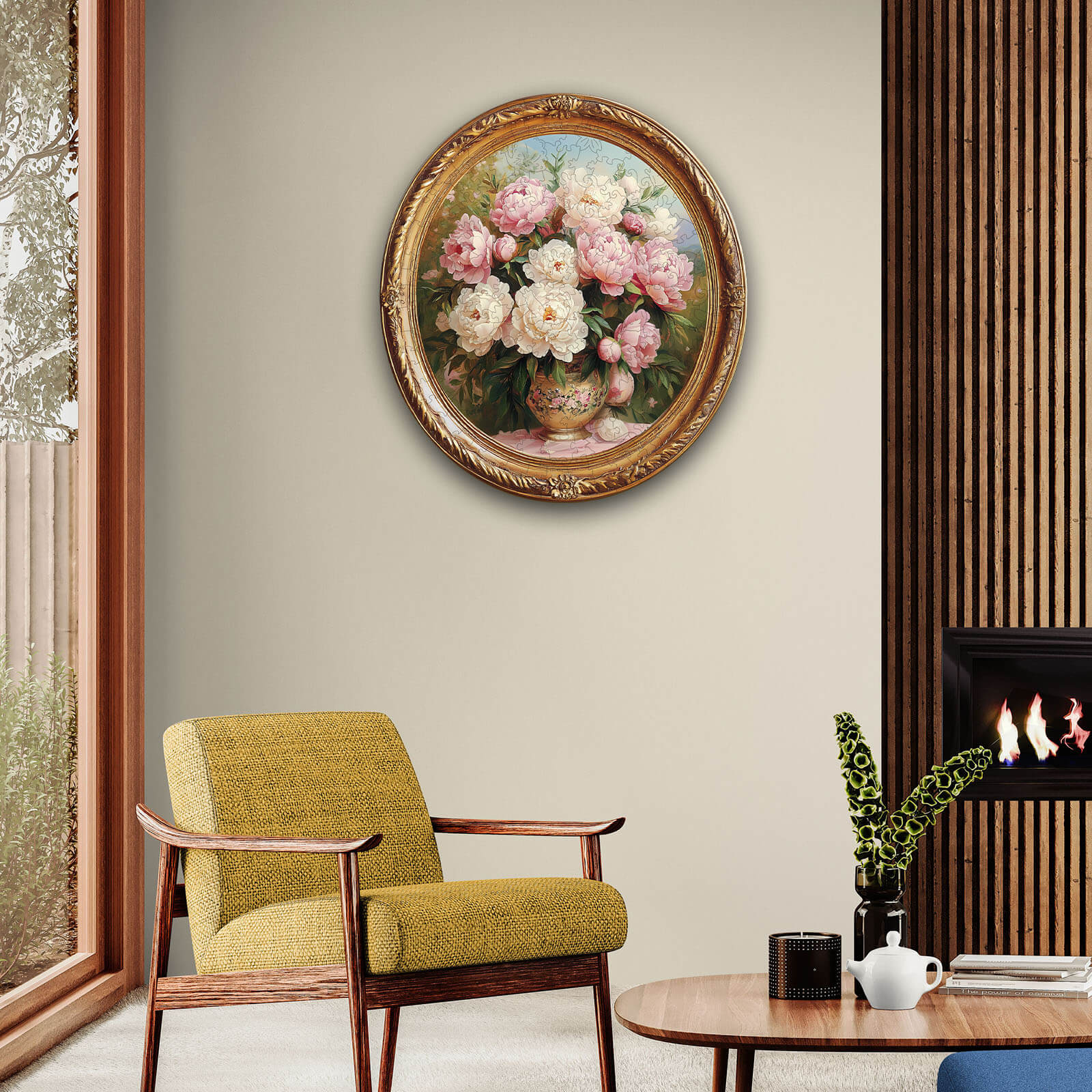 Framed floral painting of pink and white flowers on a wall in a modern living room with a cozy chair.