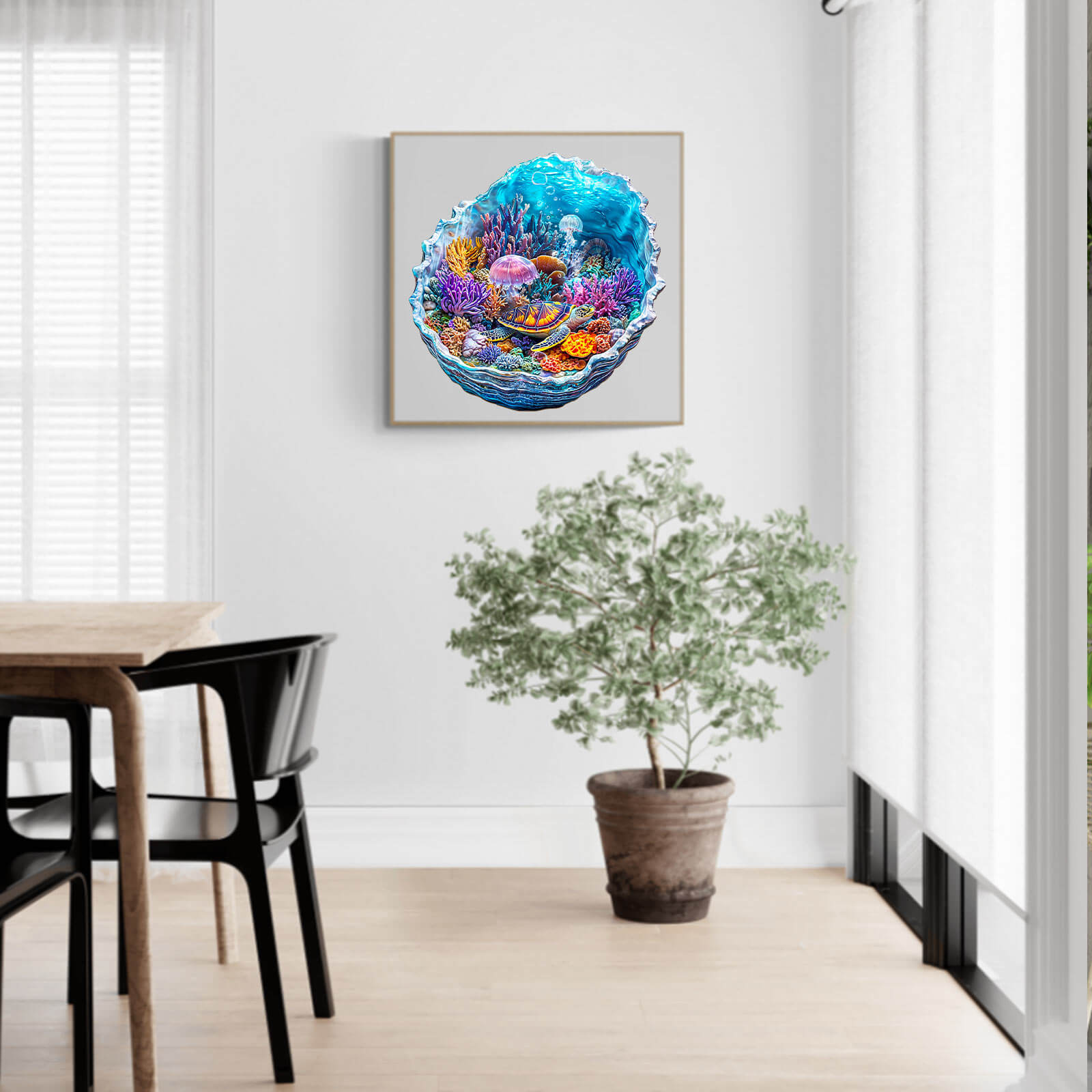 3D Ocean's Embrace puzzle artwork featuring vibrant coral and sea life, perfect for enhancing your home decor.