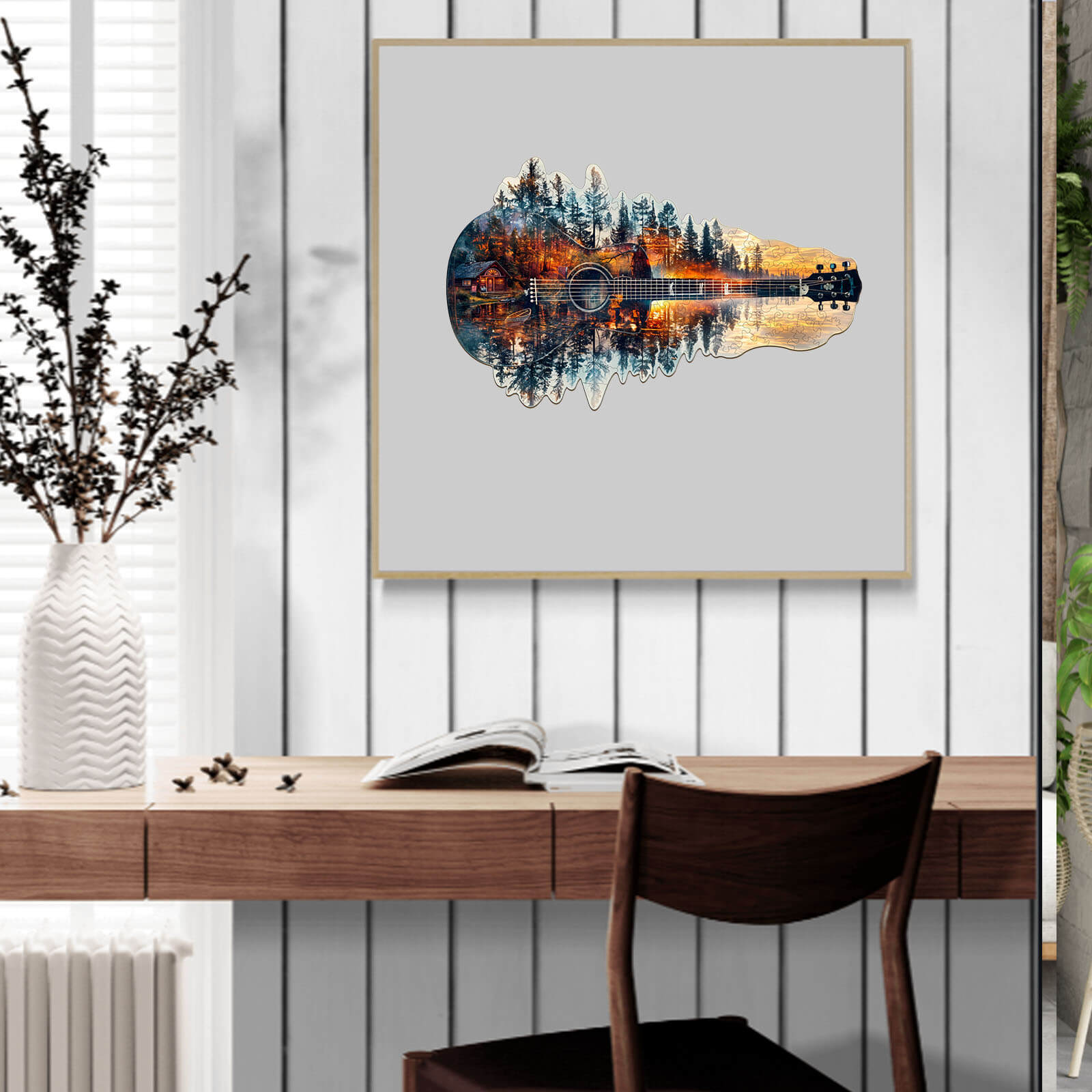 Sunset guitar wooden jigsaw puzzle art, showcasing serene lake and forest scenery, perfect for home decor and puzzle enthusiasts.
