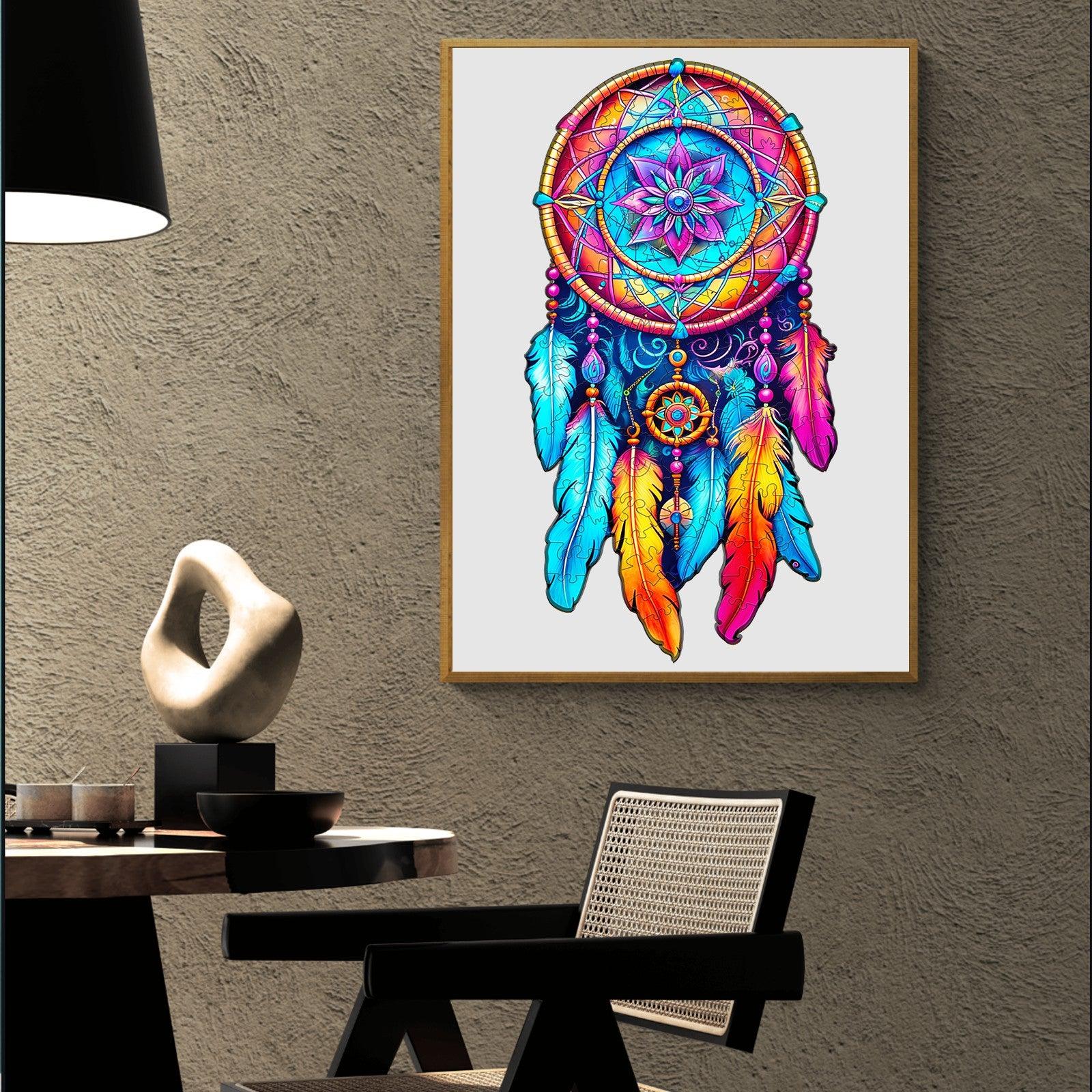 Vibrant mandala dream catcher artwork hanging on wall, featuring colorful feathers and intricate design.