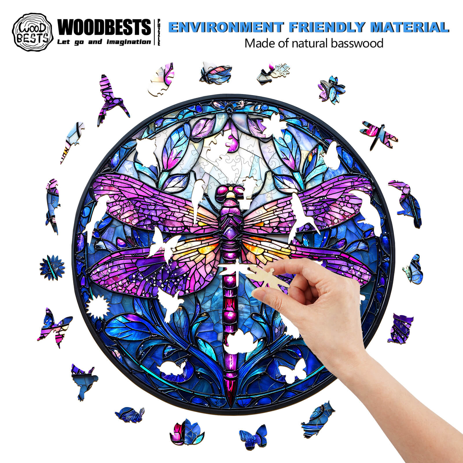 Hand assembling Sacred Dragonfly wooden jigsaw puzzle made of natural basswood with colorful butterfly designs.