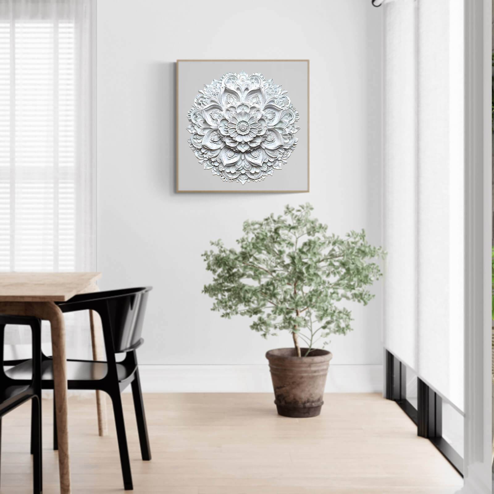 3D Paper Mandala-2 wooden jigsaw puzzle displayed in a bright room with a potted plant.