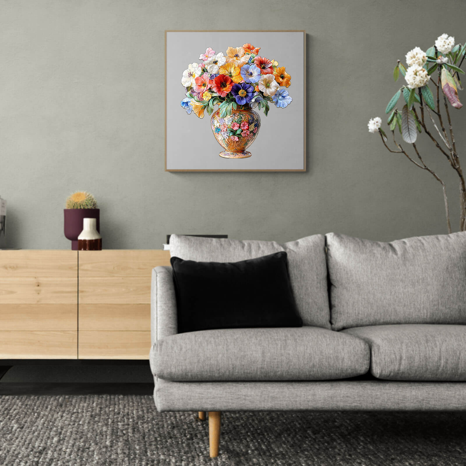 3D vintage flower jigsaw puzzle art displayed in a modern living room setting with a cozy sofa.