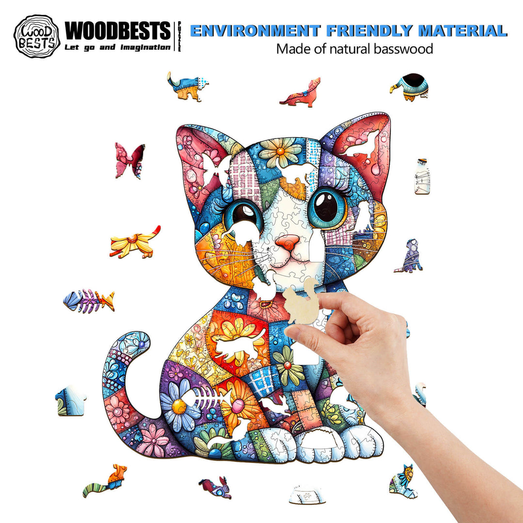 Patchwork Cat Wooden Jigsaw Puzzle