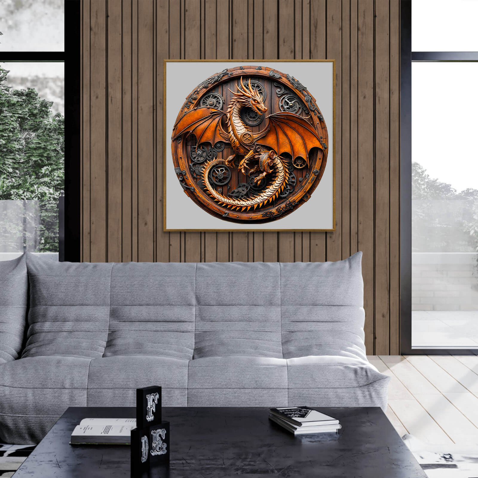 3D Mechanical Dragon-1 wooden jigsaw puzzle displayed on a wall, enhancing home decor with intricate details.