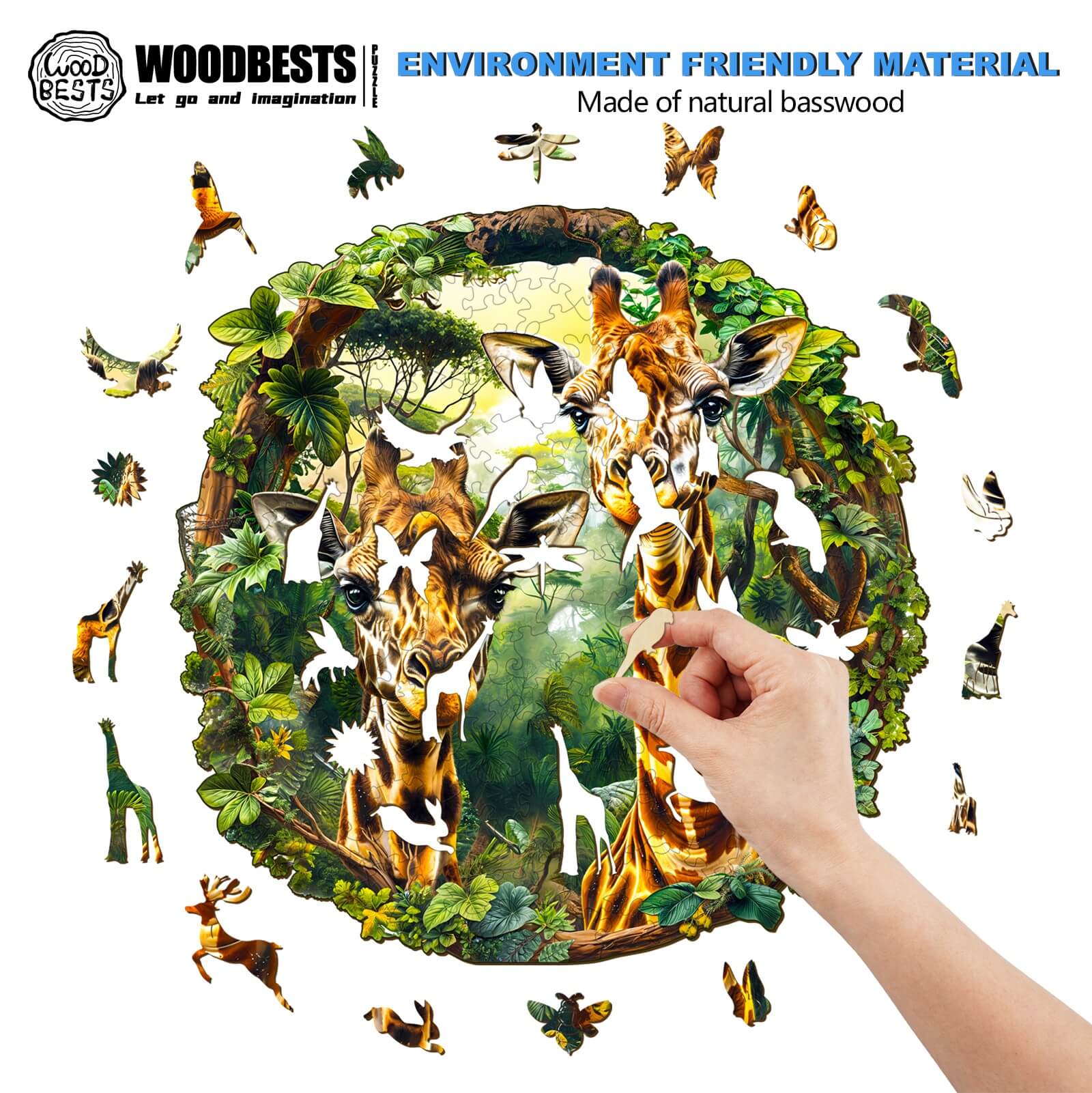 Giraffe-2 Wooden Jigsaw Puzzle featuring vibrant giraffe scene made from eco-friendly natural basswood.