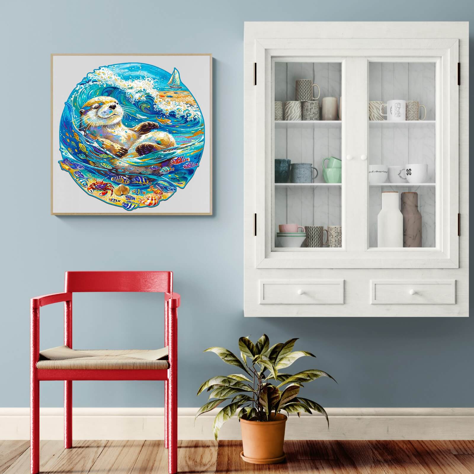 Leisurely Otter Wooden Jigsaw Puzzle displayed in a cozy room with red chair and cabinet, enhancing focus and creativity.