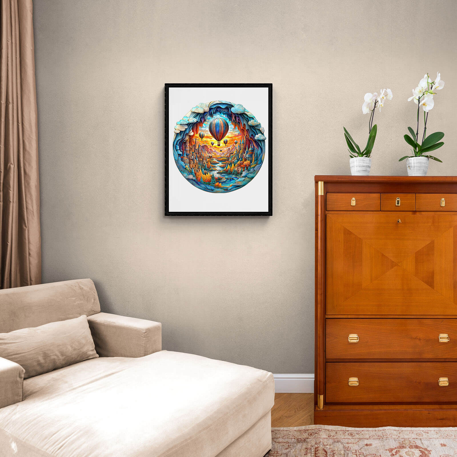 3D Balloon town wooden jigsaw puzzle artwork displayed in a cozy living room setting.