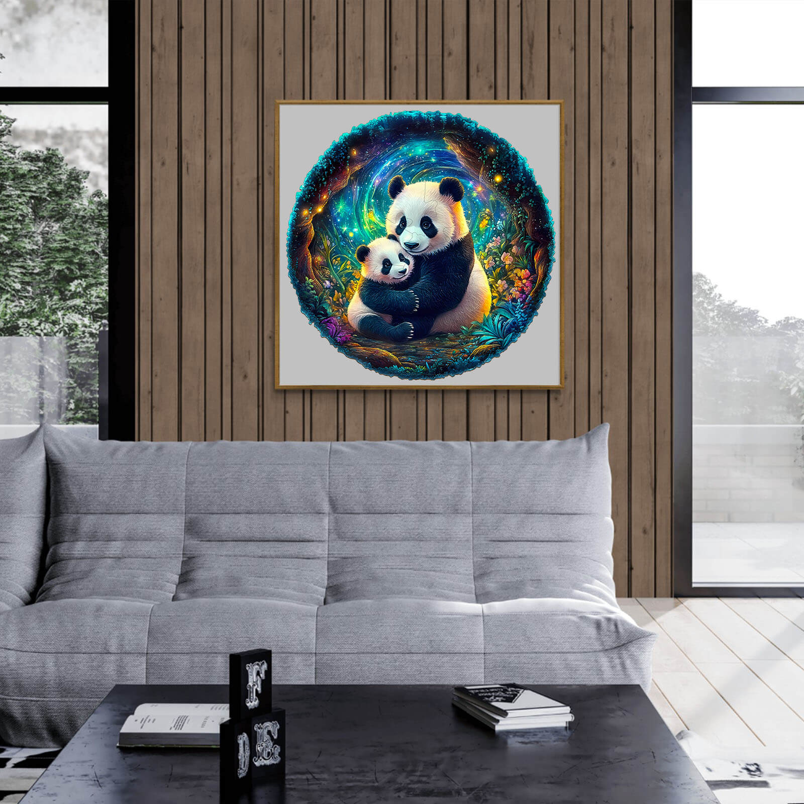 Colorful art of a panda family, showcasing mother and cub in a whimsical forest design, perfect for home decor.