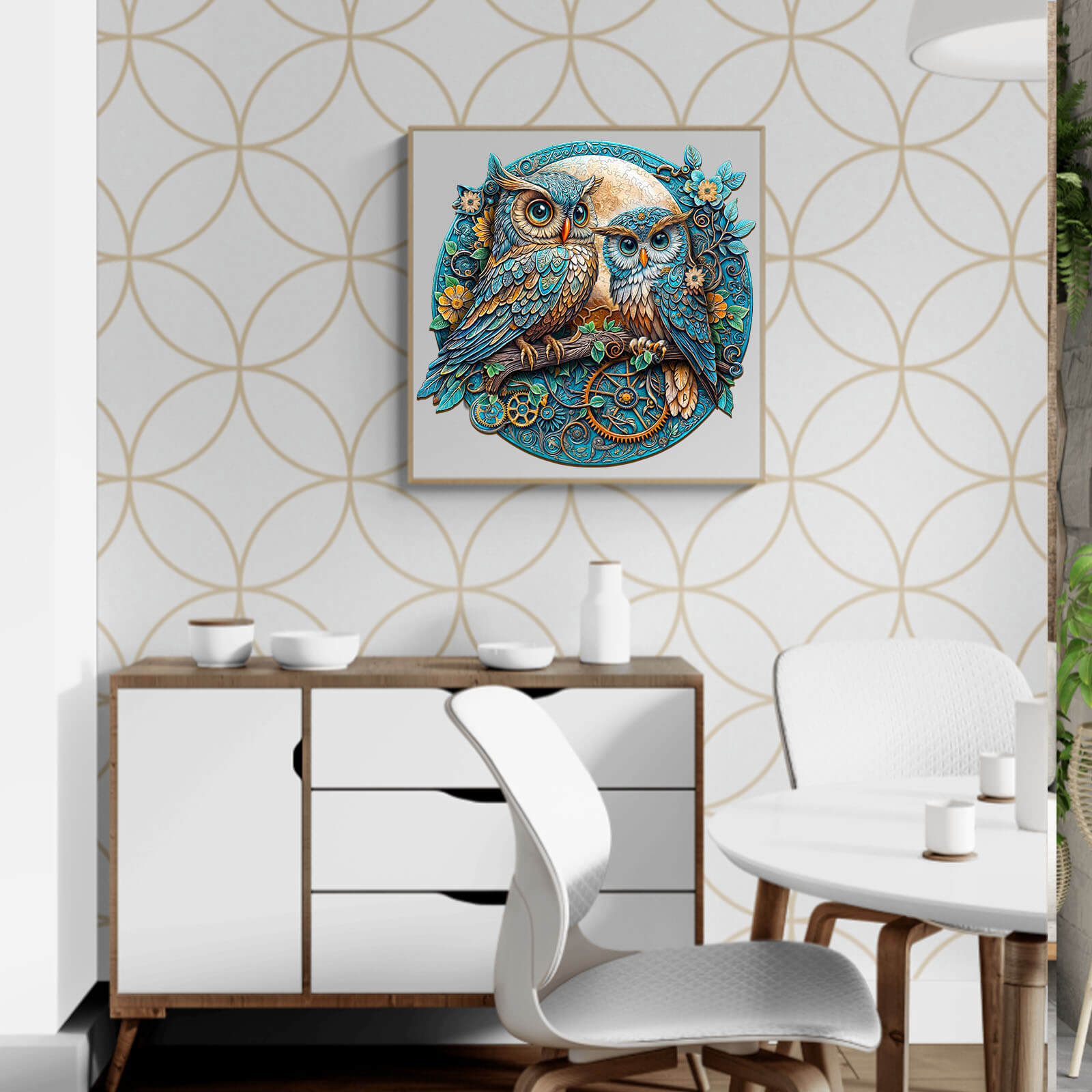 Colorful owl artwork displayed in a modern dining room, featuring artistic design and vibrant patterns.