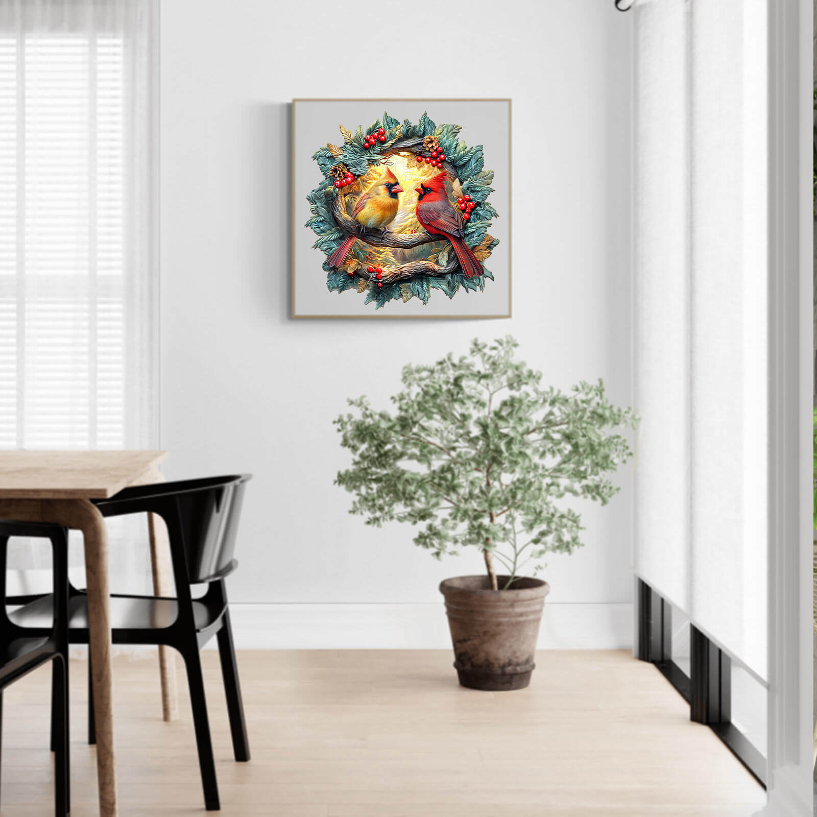 3D Northern Cardinal Wooden Jigsaw Puzzle artwork featuring vibrant cardinals amid a nature-inspired backdrop in a modern interior.