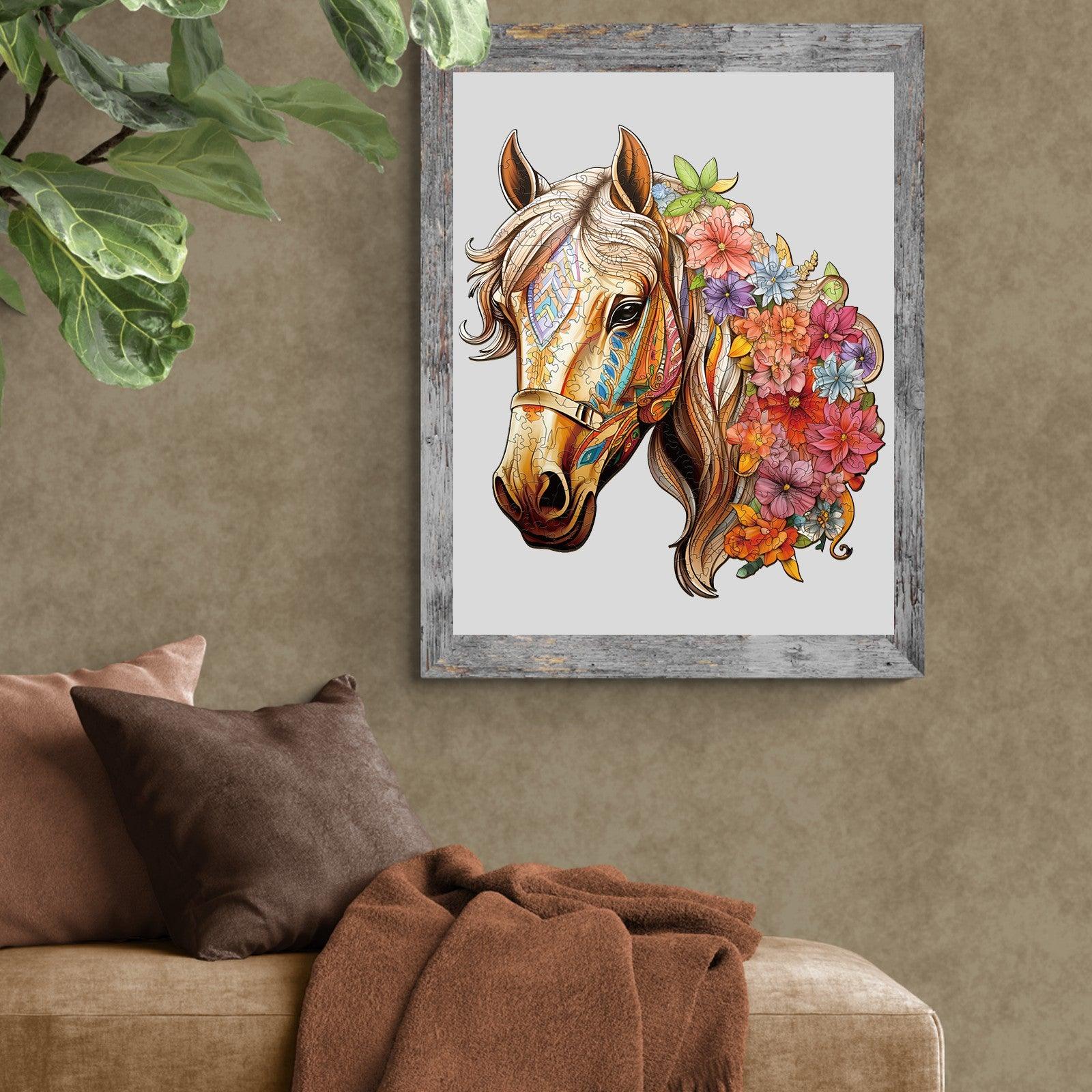 Vibrant artwork of a horse with a floral mane in a cozy living room setting, showcasing colorful design and detail.