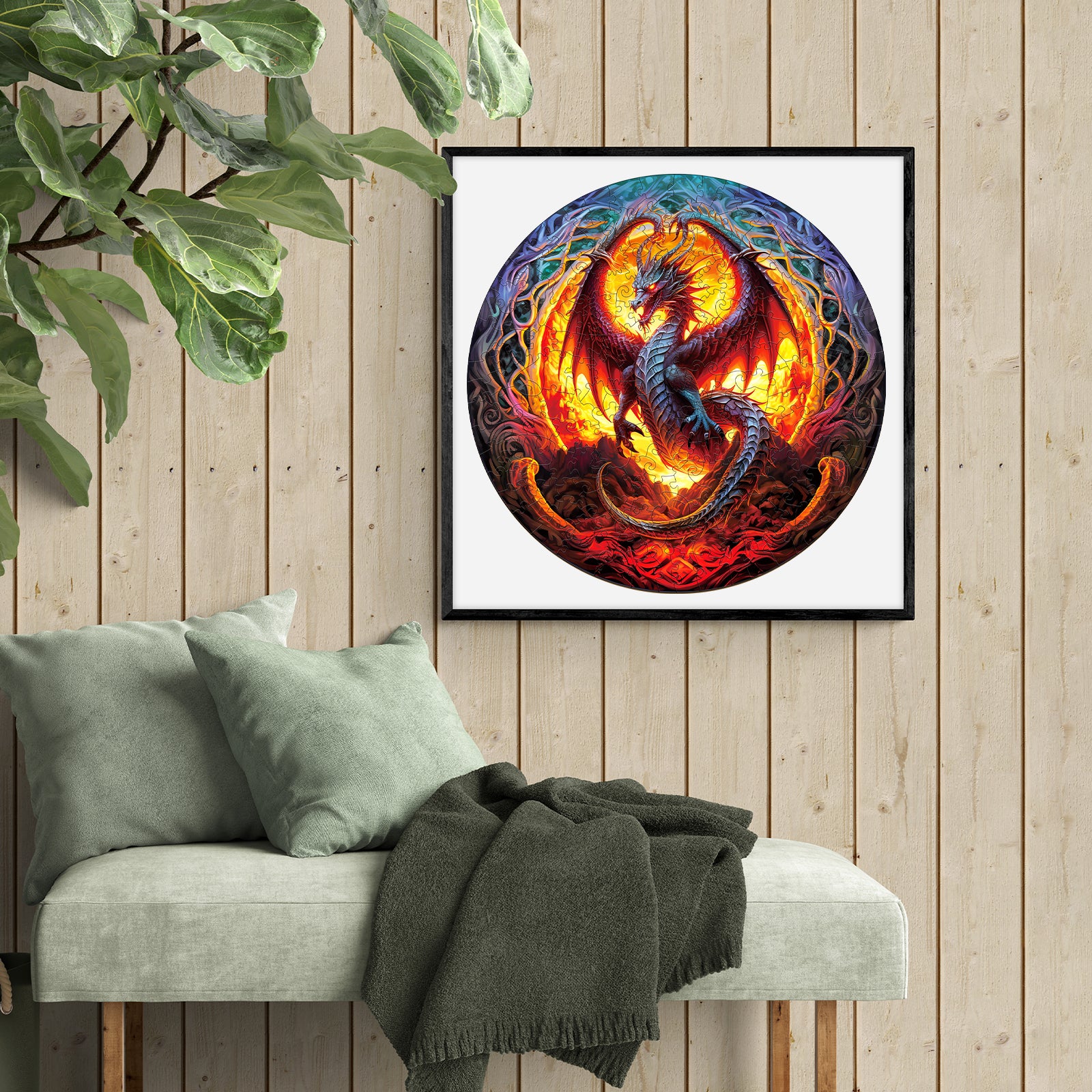 Vibrant Fiery Dragon-2 wooden jigsaw puzzle displayed on a wall, surrounded by plants and cozy furnishings.