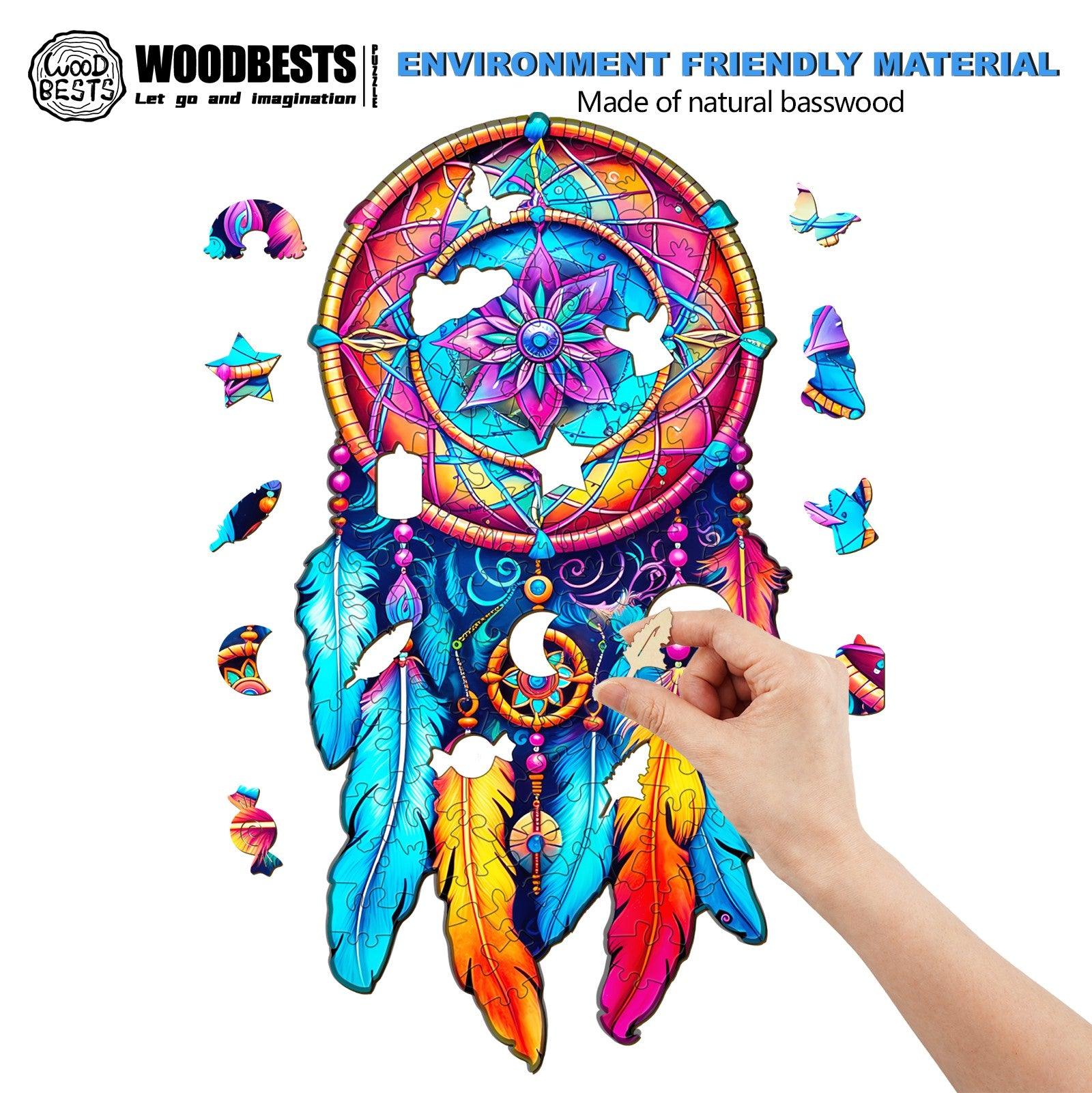 Vibrant Mandala Dream Catcher wooden jigsaw puzzle being assembled, showcasing colorful feathers and natural basswood.