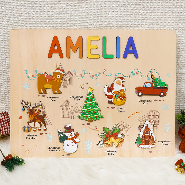 Personalized Wooden Name Puzzle -Merry Christmas for Toddlers