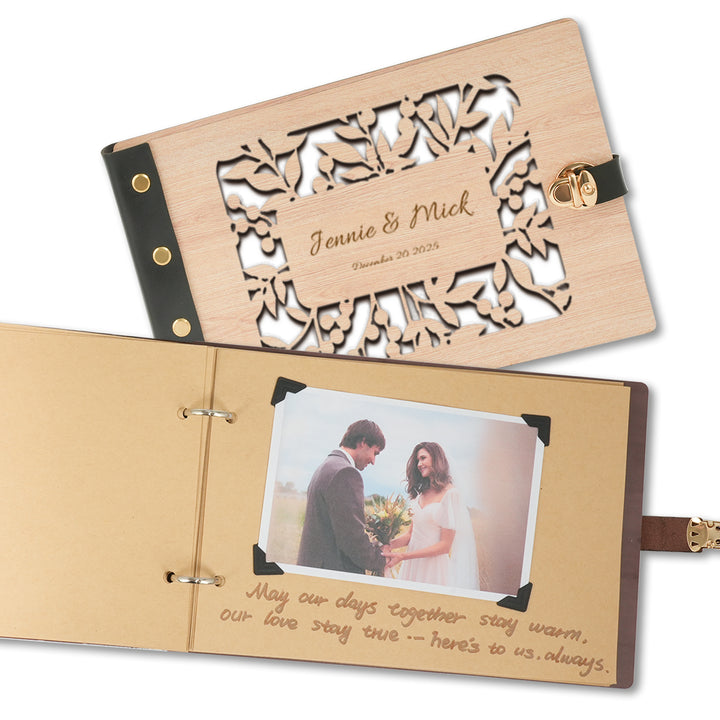 Wooden Photo Album with Carved Flowers and Engraved Names