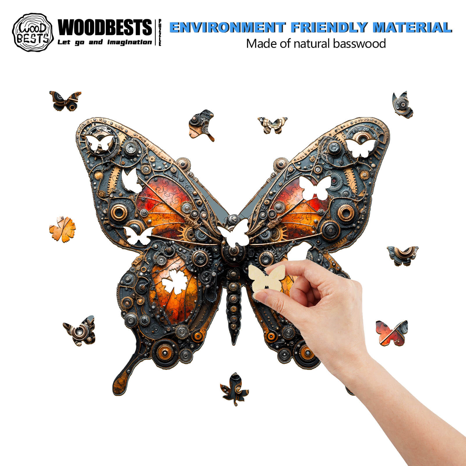 3D Mechanical Butterfly wooden jigsaw puzzle made from natural basswood, promoting focus and mental skills while solving.