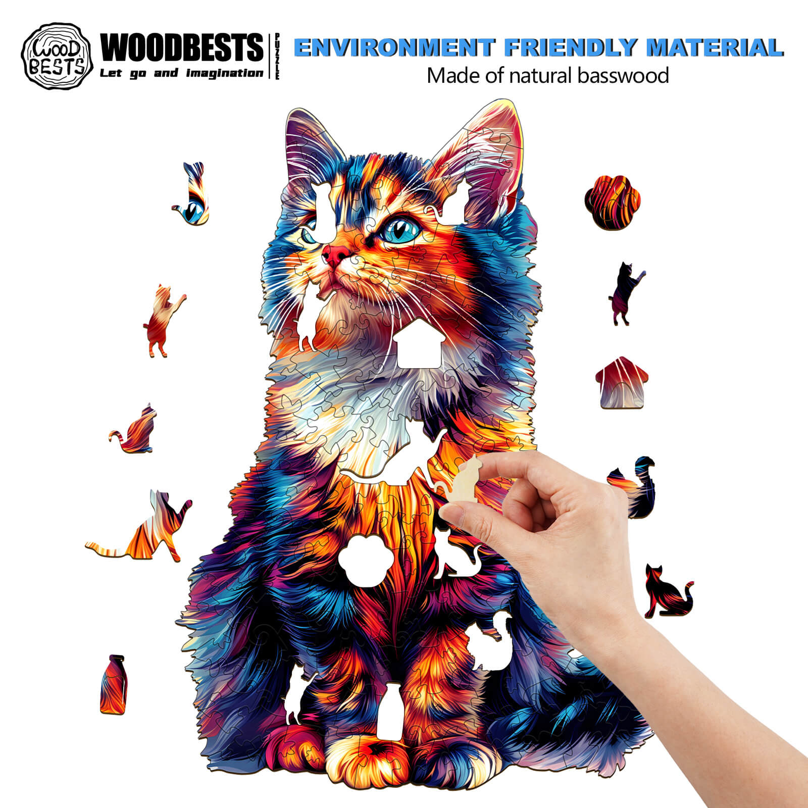 Colorful cat wooden jigsaw puzzle made from natural basswood, engaging the mind and enhancing focus.