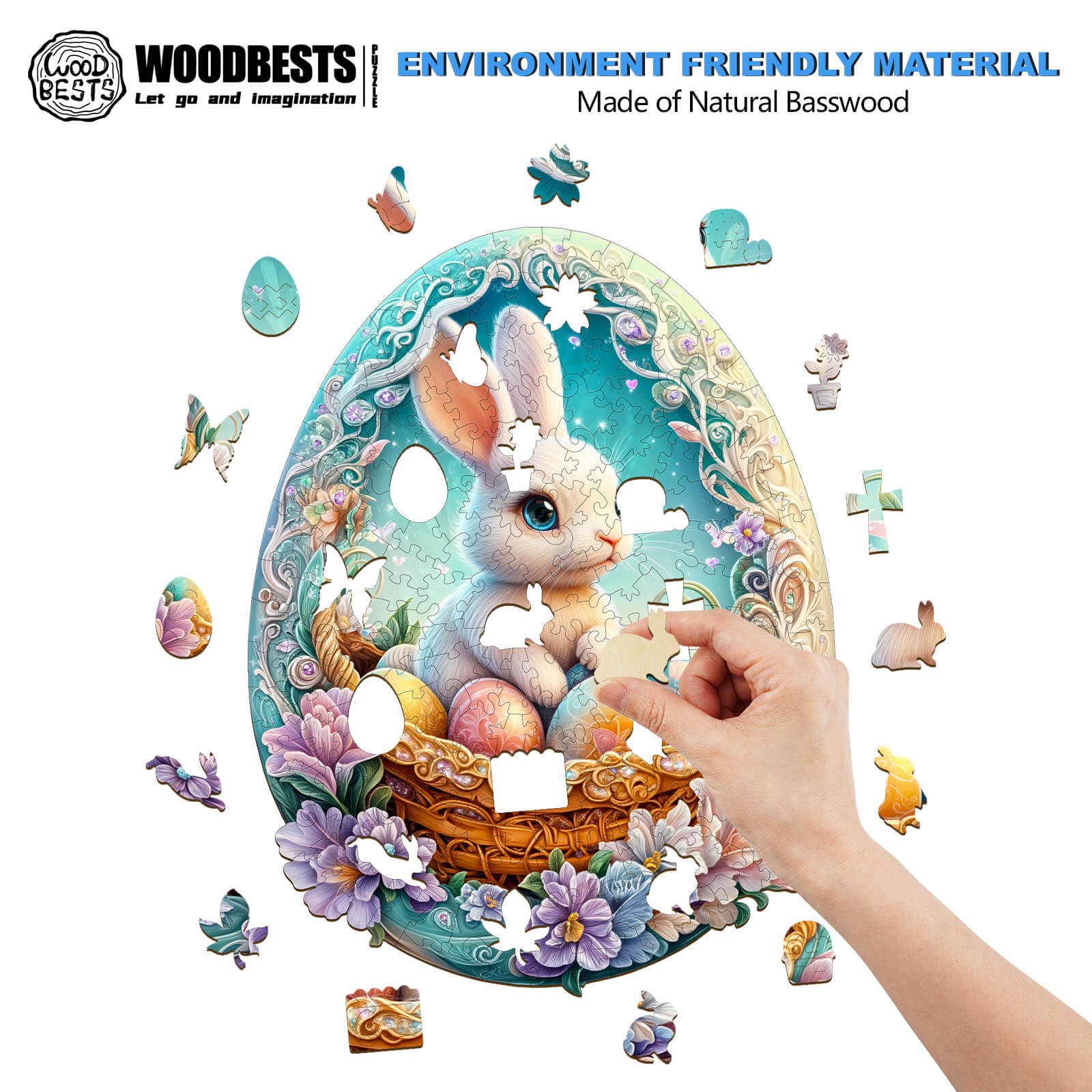 Wonderland Easter-2 wooden jigsaw puzzle showcasing a cute bunny, made from natural basswood for mindful gameplay.