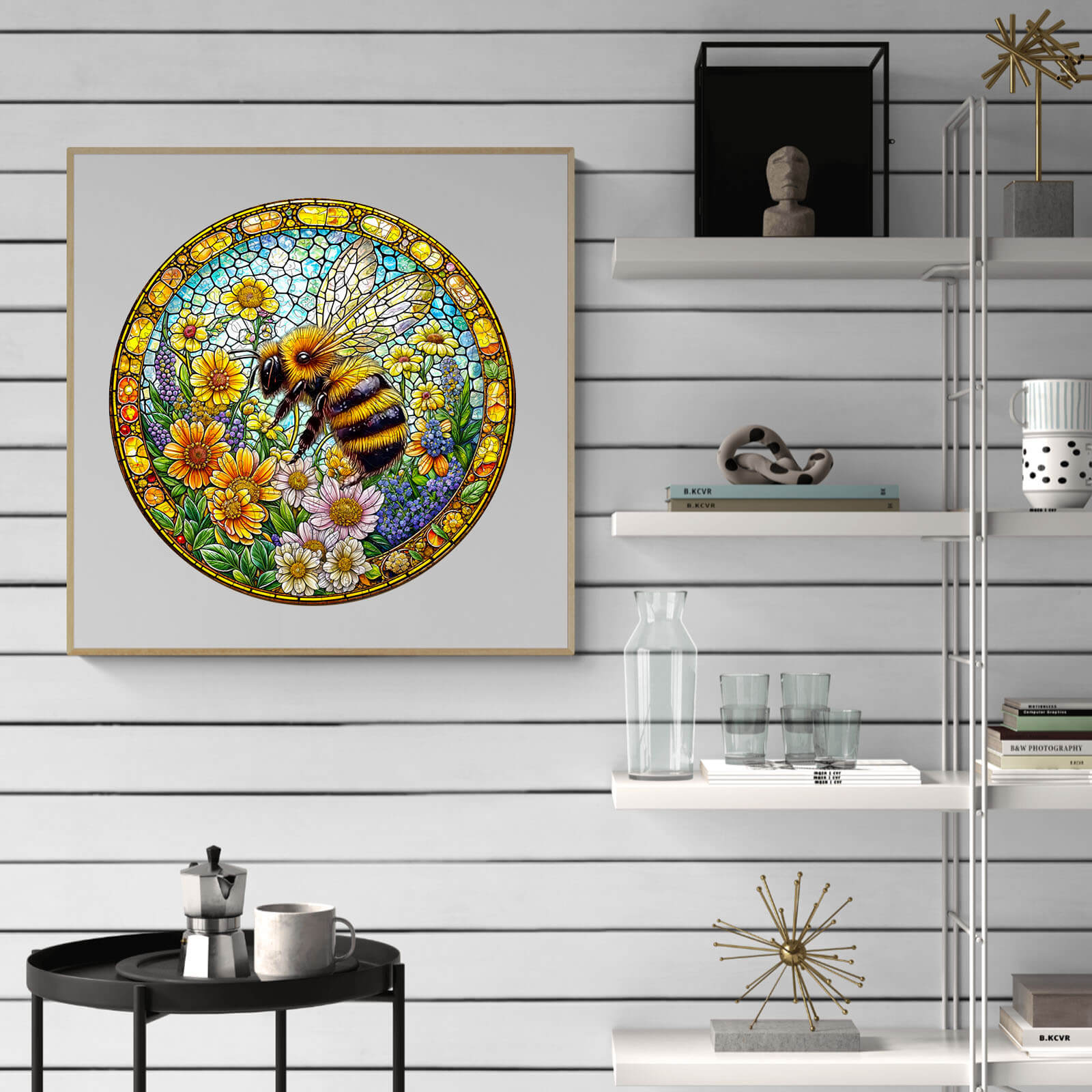 Colorful stained glass bee artwork surrounded by vibrant flowers, displayed on a modern shelf.