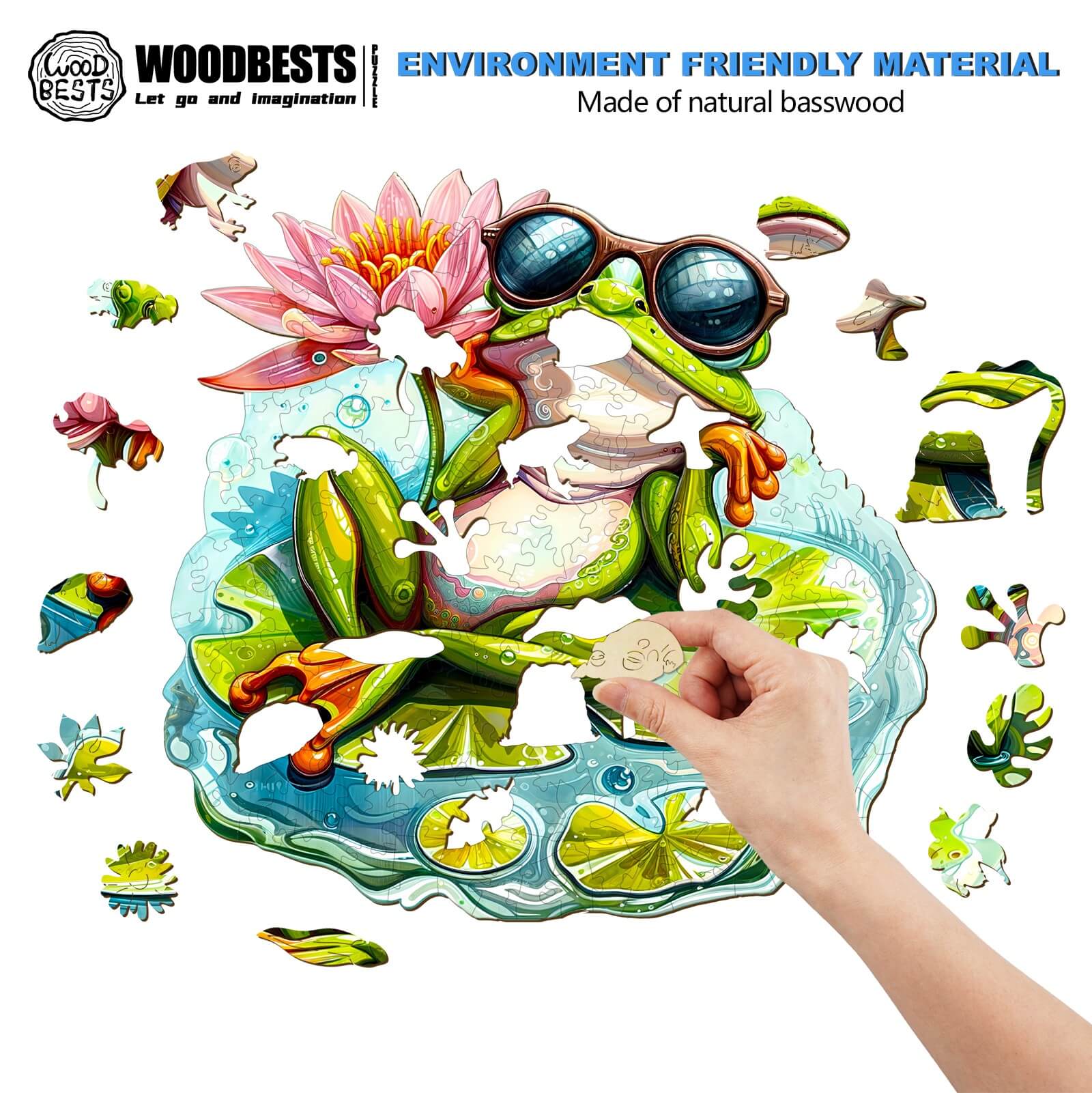 Leisurely Frog-1 wooden jigsaw puzzle made of natural basswood, featuring a frog and lily pads, ideal for focus and mind games.