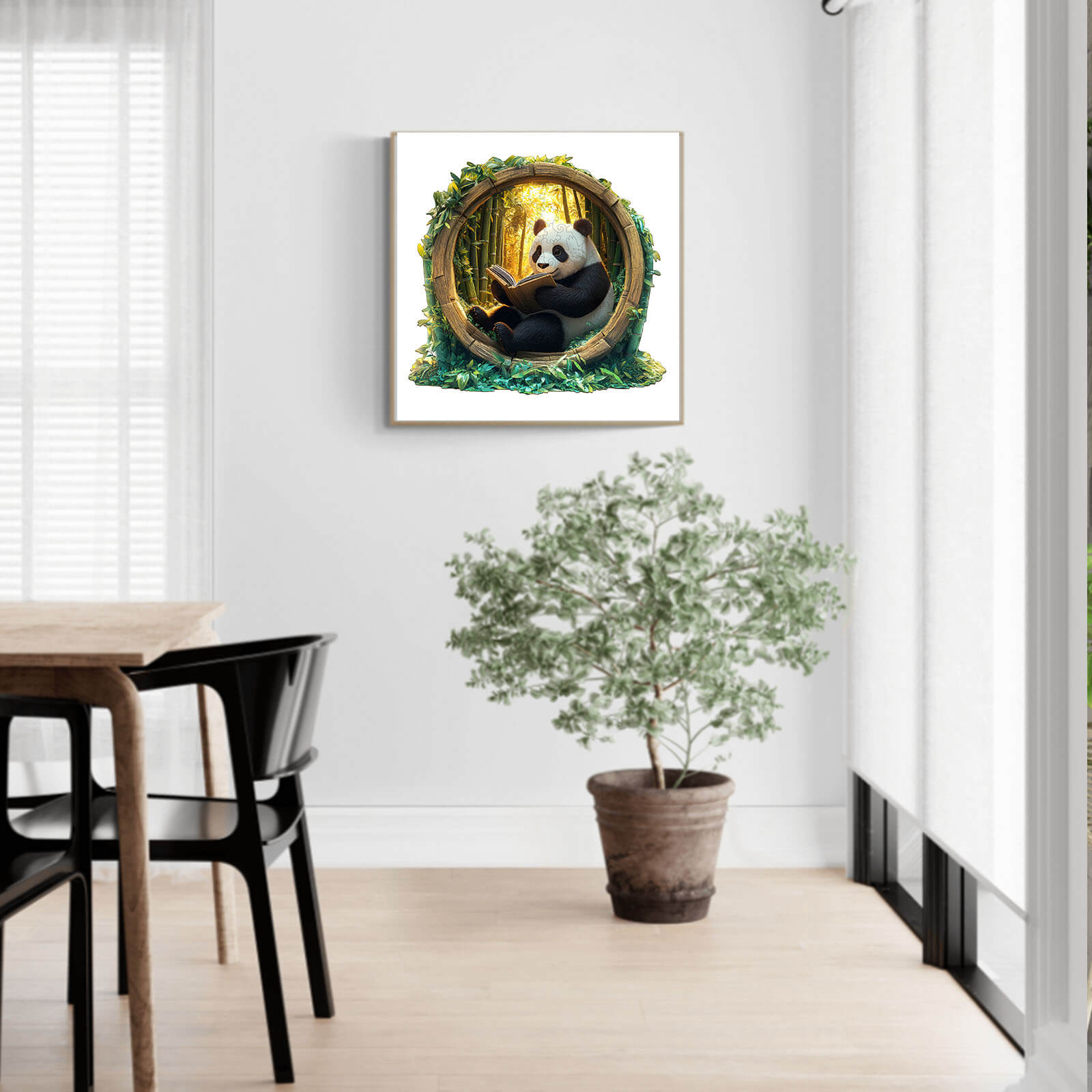 3D Bamboo Grove Scholar Panda jigsaw puzzle displayed in a bright room with plants, enhancing home decor.