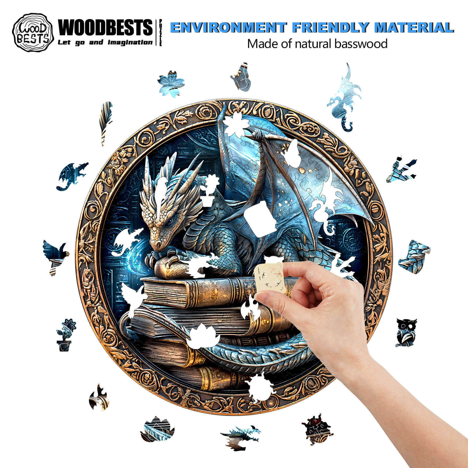 3D Ancient protector wooden jigsaw puzzle, featuring a dragon and mystical elements, made of natural basswood.