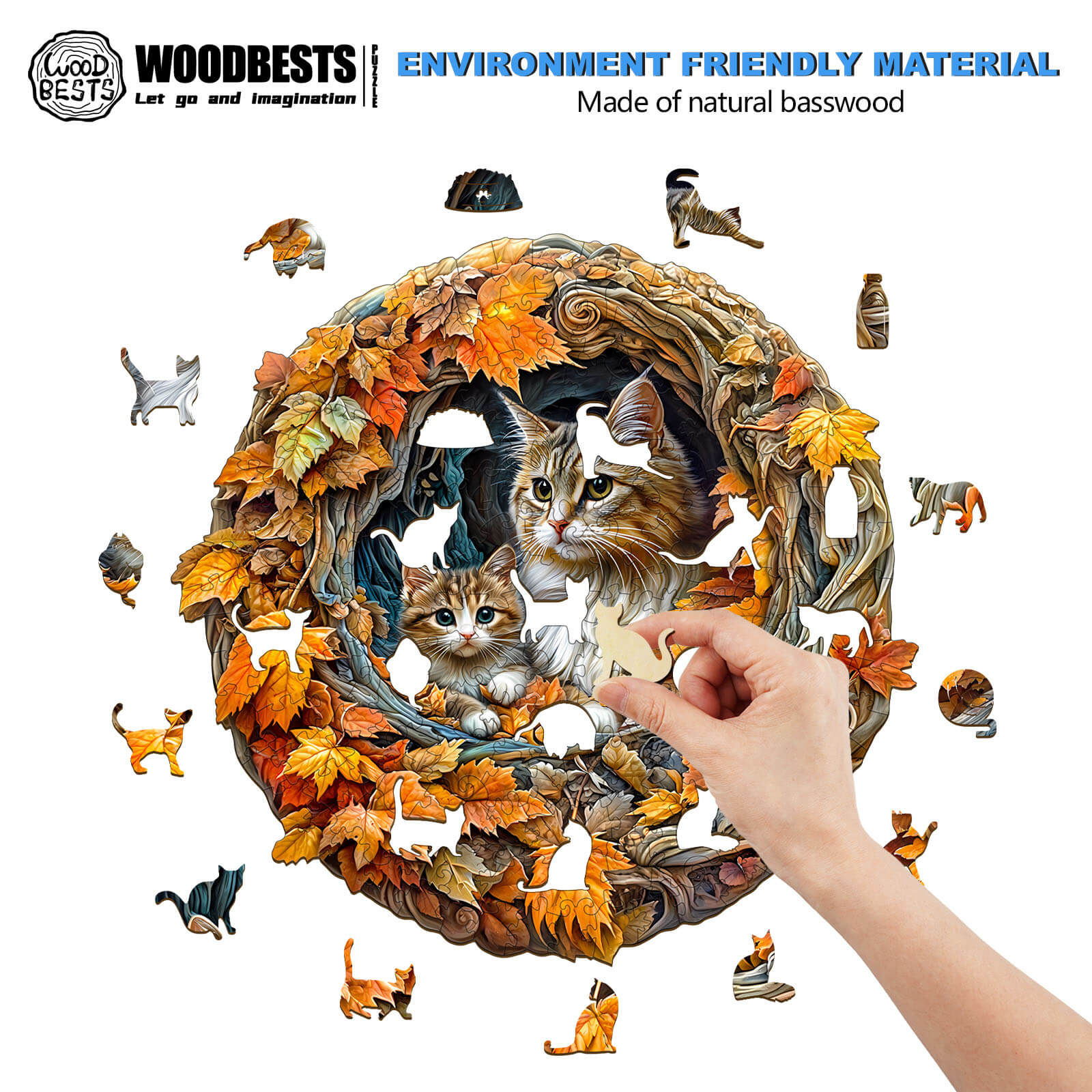 3D cat mom jigsaw puzzle made of natural basswood, featuring kittens among autumn leaves, enhancing focus and brain skills.