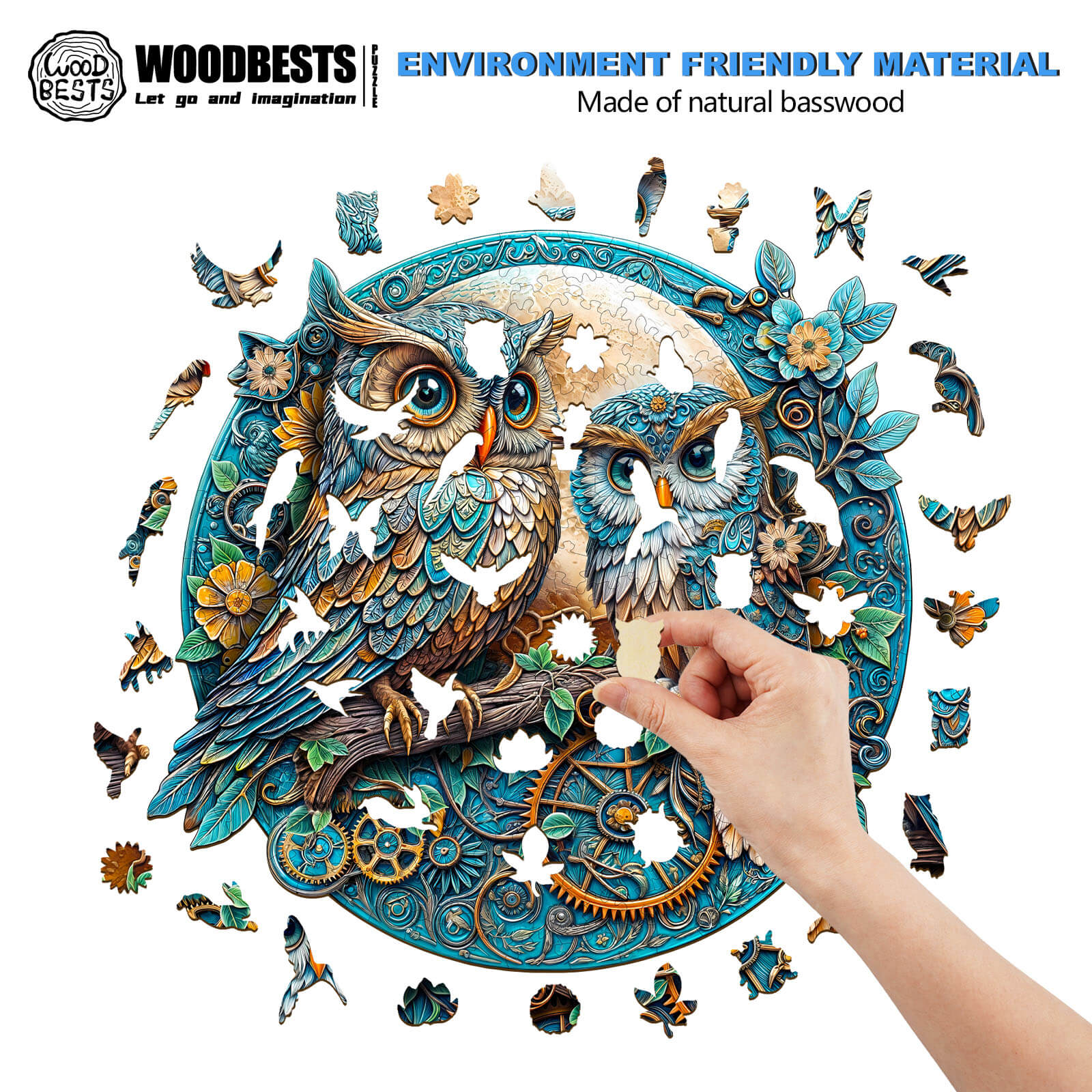 Person placing a piece in an Embossed Owl wooden jigsaw puzzle made from natural basswood.