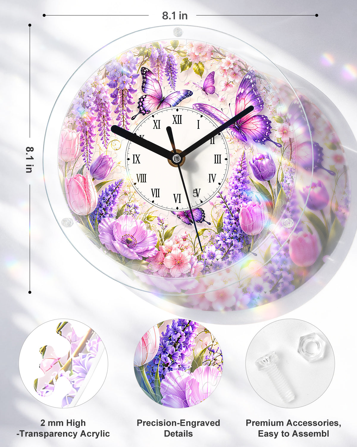 DIY Acrylpuzzle-Uhr Bausatz - Lila Glyzinien Schmetterlinge