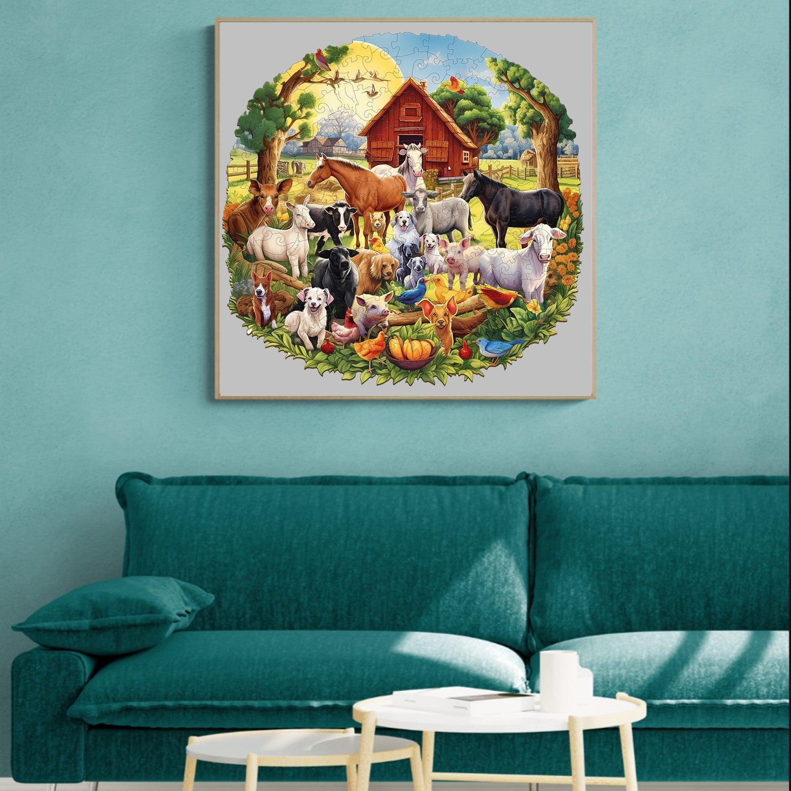 Colorful wooden jigsaw puzzle featuring a charming farm scene with various animals and a red barn.