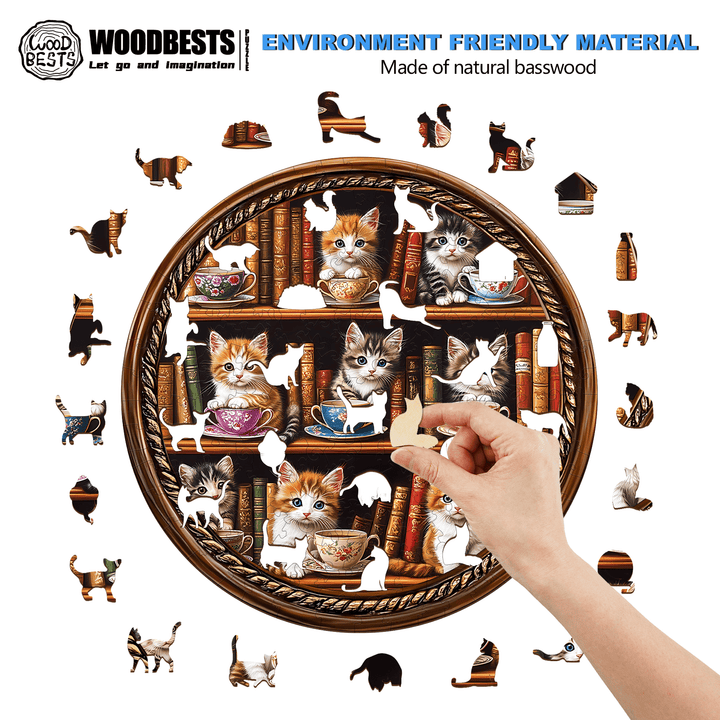 Cat Coffee Library Wooden Jigsaw Puzzle