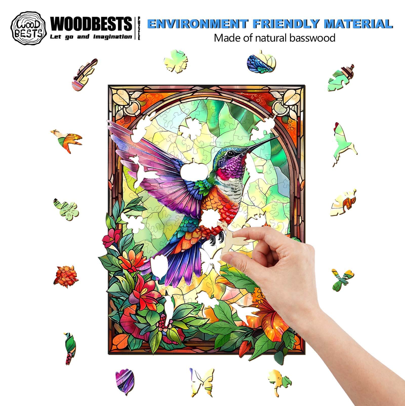 Stained Glass Hummingbird-3 wooden jigsaw puzzle with colorful pieces being assembled, made from eco-friendly basswood.