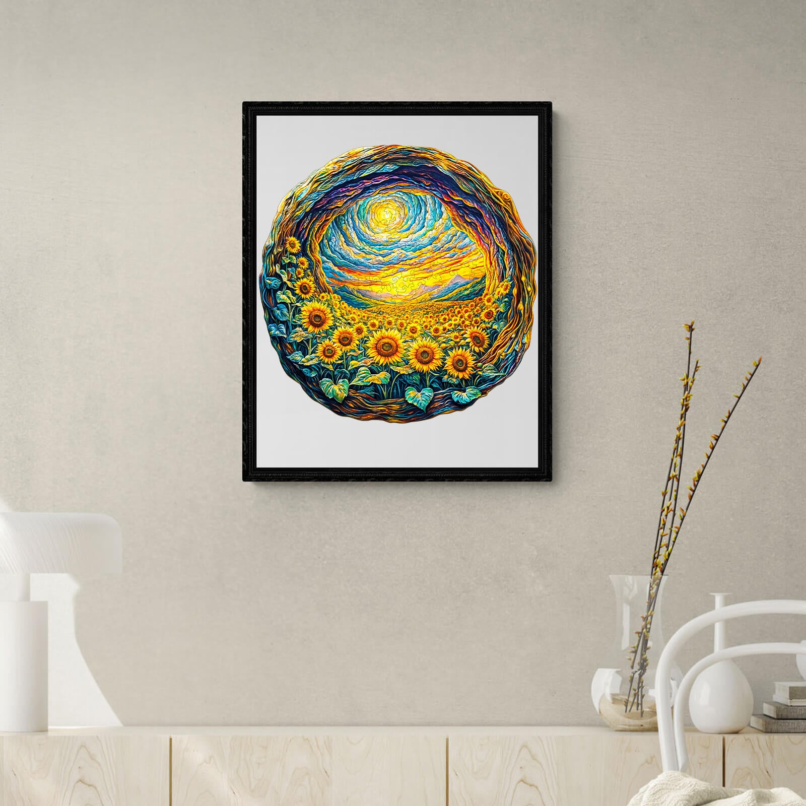 Colorful round art print featuring sunflowers and a vibrant sky, displayed in a stylish modern interior.