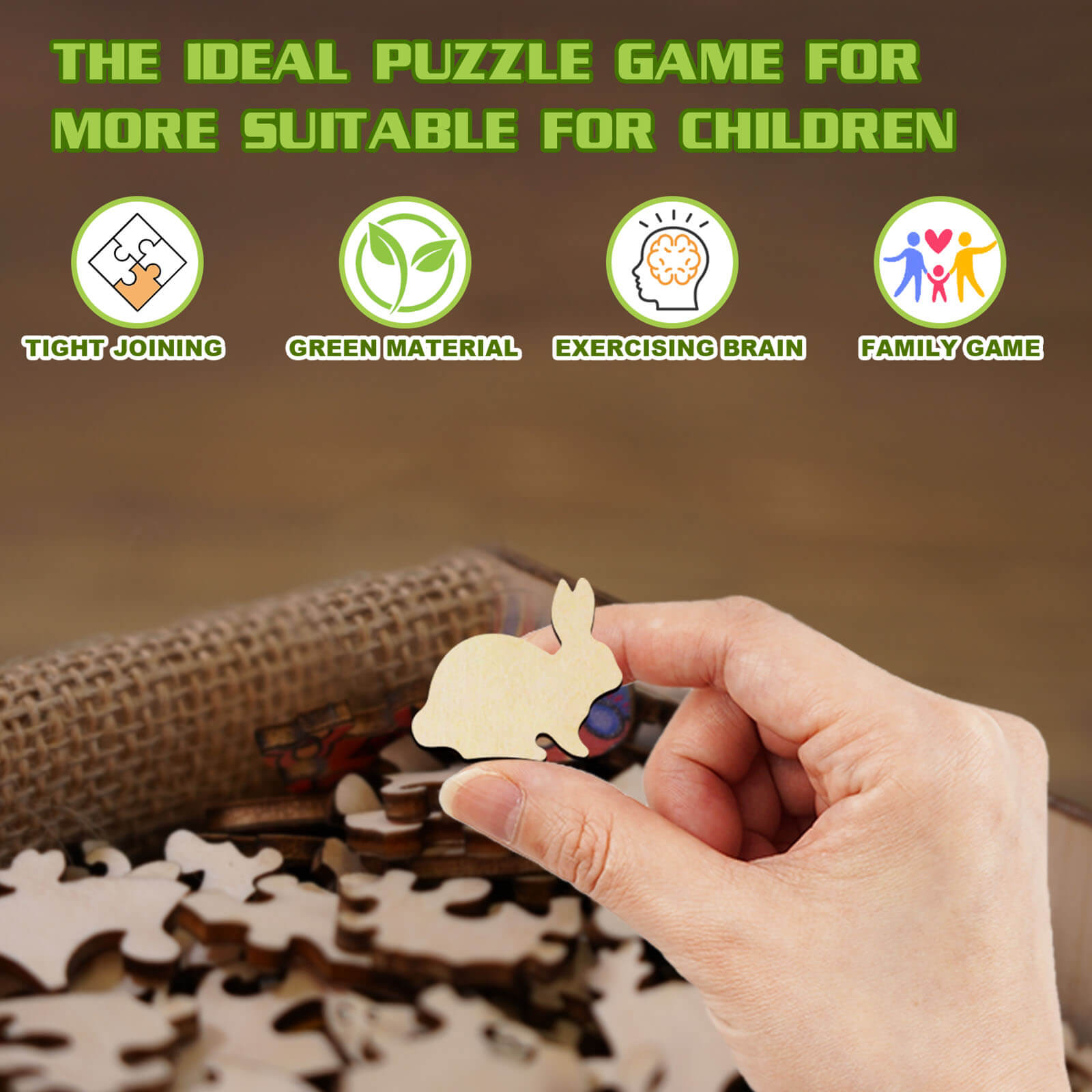 Child holding a wooden jigsaw puzzle piece shaped like a bunny, highlighting educational fun for kids.