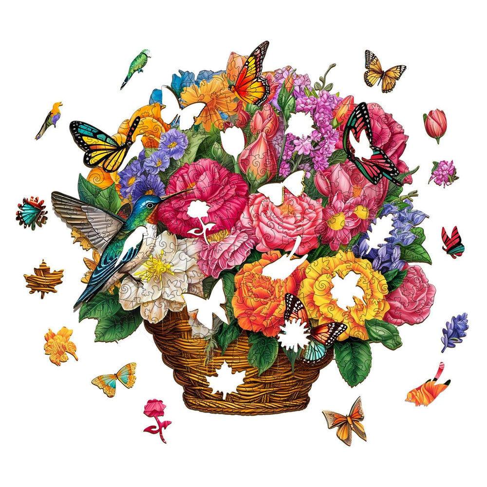 Flower Basket & Hummingbird Wooden Jigsaw Puzzle-Woodbests