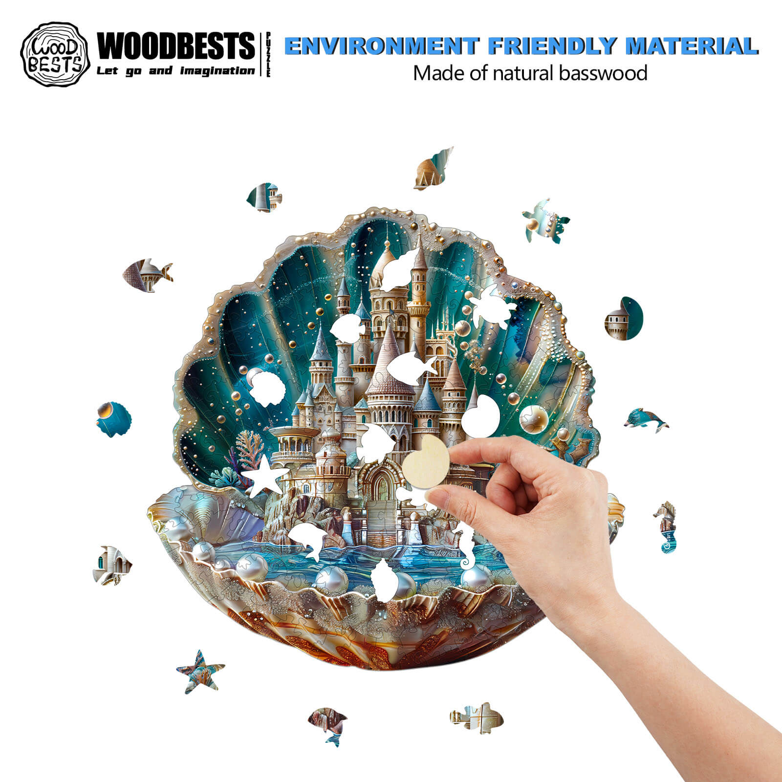 Person assembling Pearlspire Citadel-2 wooden jigsaw puzzle made of natural basswood in a colorful shell design.